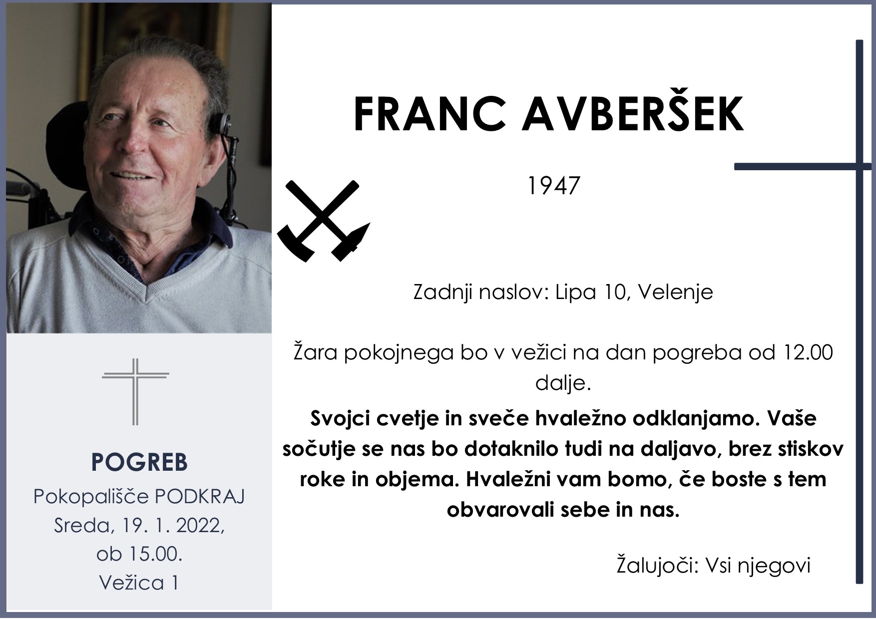 OsmrtnicaAvberšekFranc1947pogreb sreda 19.1.2022 ob 15.00 Podkraj