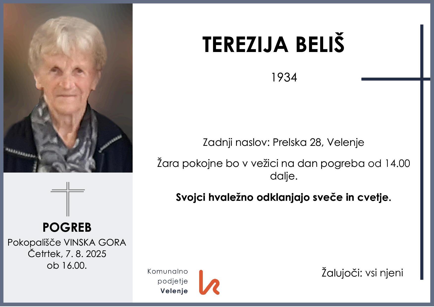 OsmrtnicaBelišTerezija1934pogreb četrtek 7.8.2025 ob 16.00 Vinska Gora