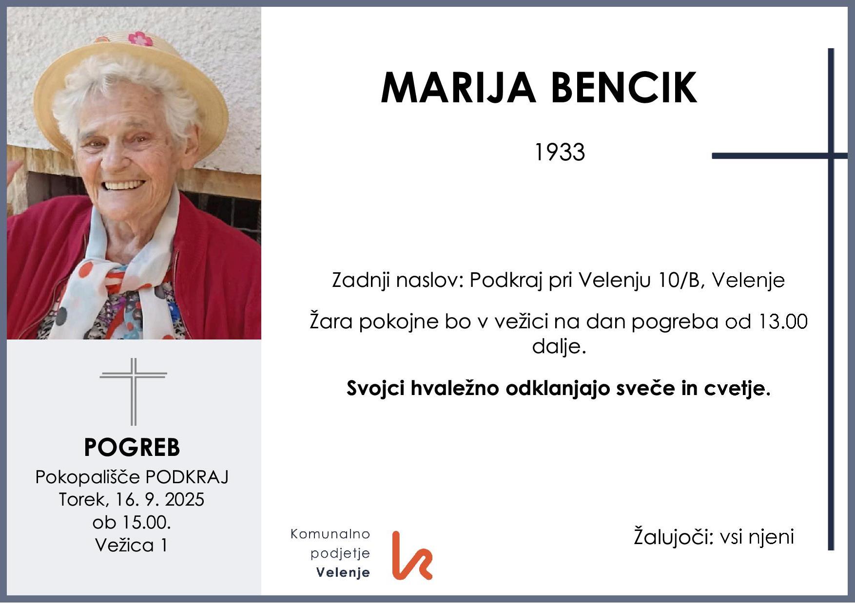 OsmrtnicaBencikMarija1933pogreb torek 15.9.2025 ob 15.00 Podkraj
