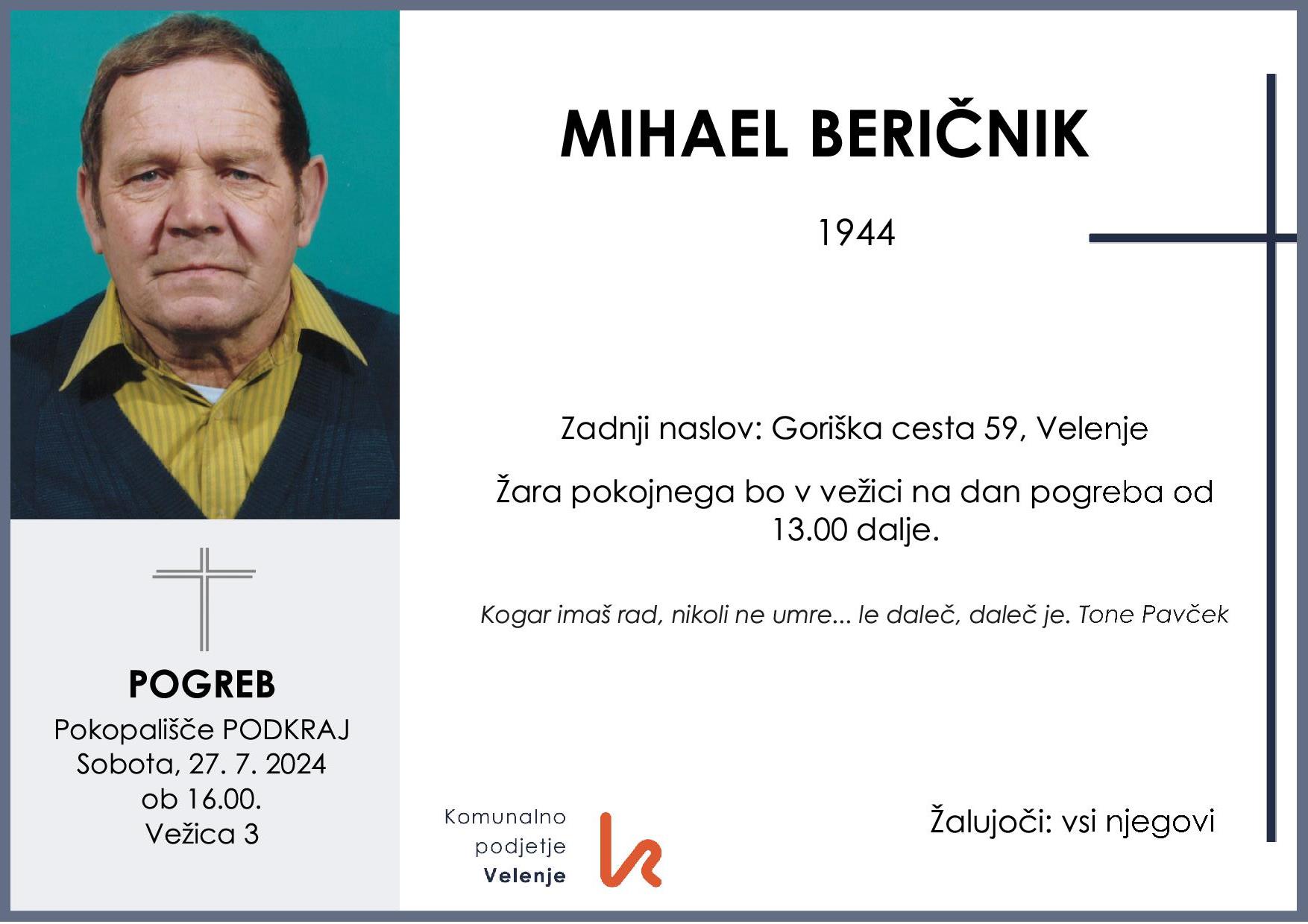 OsmrtnicaBeričnikMihael1944pogreb sobota 27.7.2024 ob 16.00 Podkraj