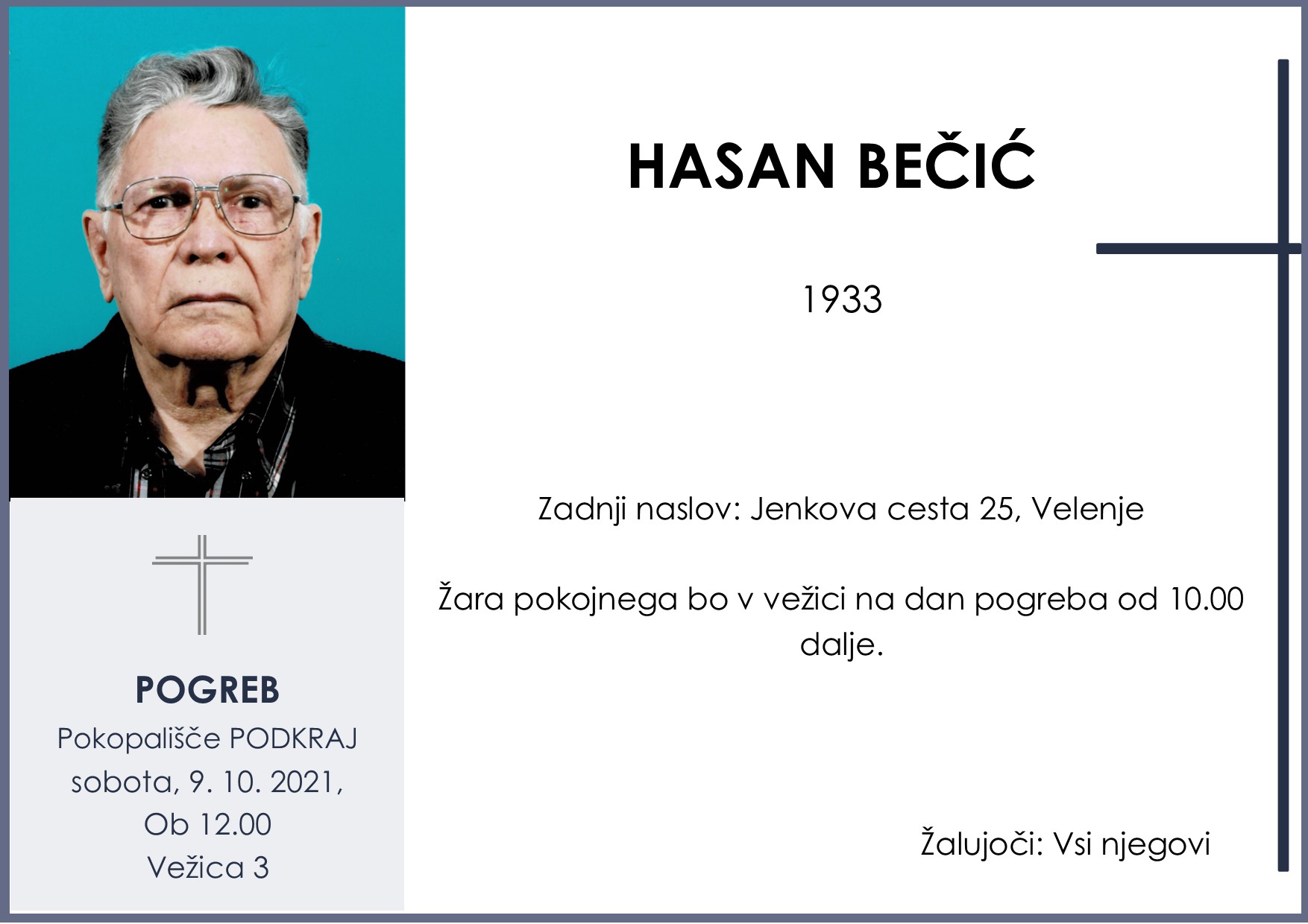 OsmrtnicaBečićHasan1933pogreb sobota 9.10.2021 ob 12.00 Podkraj