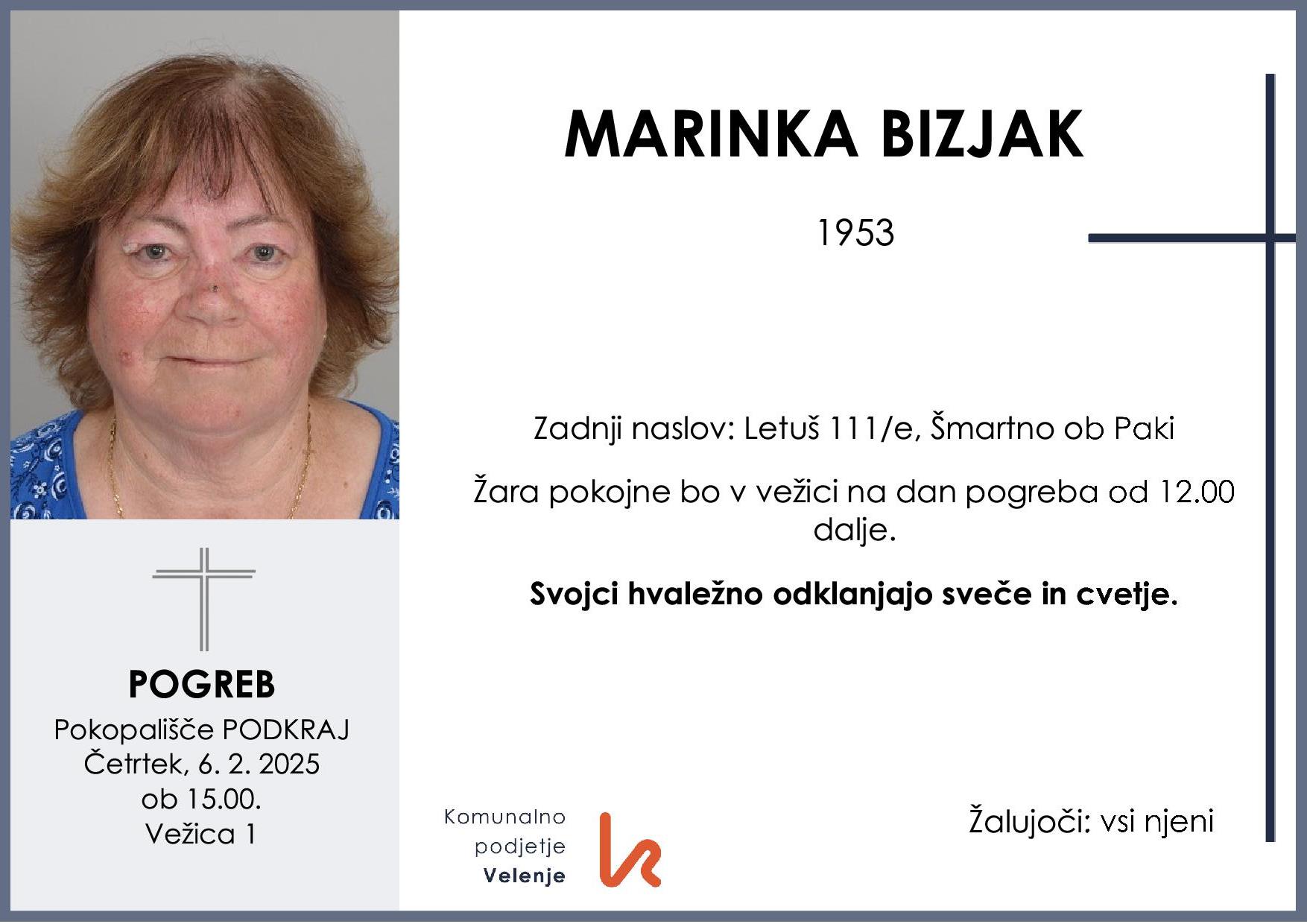 OsmrtnicaBizjakMarinka1953 pogreb četrtek 6.2.2025 ob 15.00 Podkraj