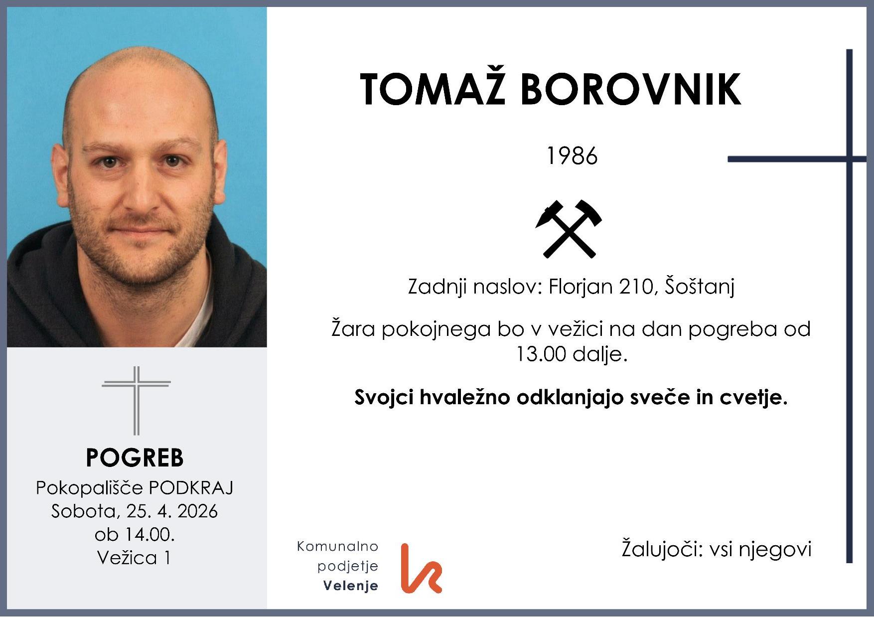 OsmrtnicaBorovnikTomaž1986 pogreb sobota 25.4.2026 ob 14.00 Podkraj
