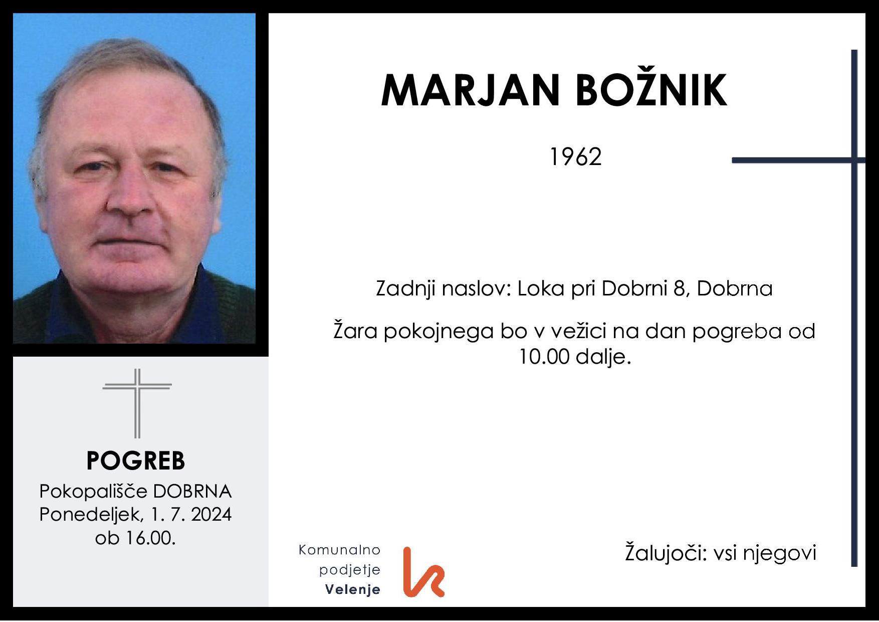 OsmrtnicaBožnikMarjan1962 pogreb ponedeljek 1.7.2024 ob 16.00 Dobrna