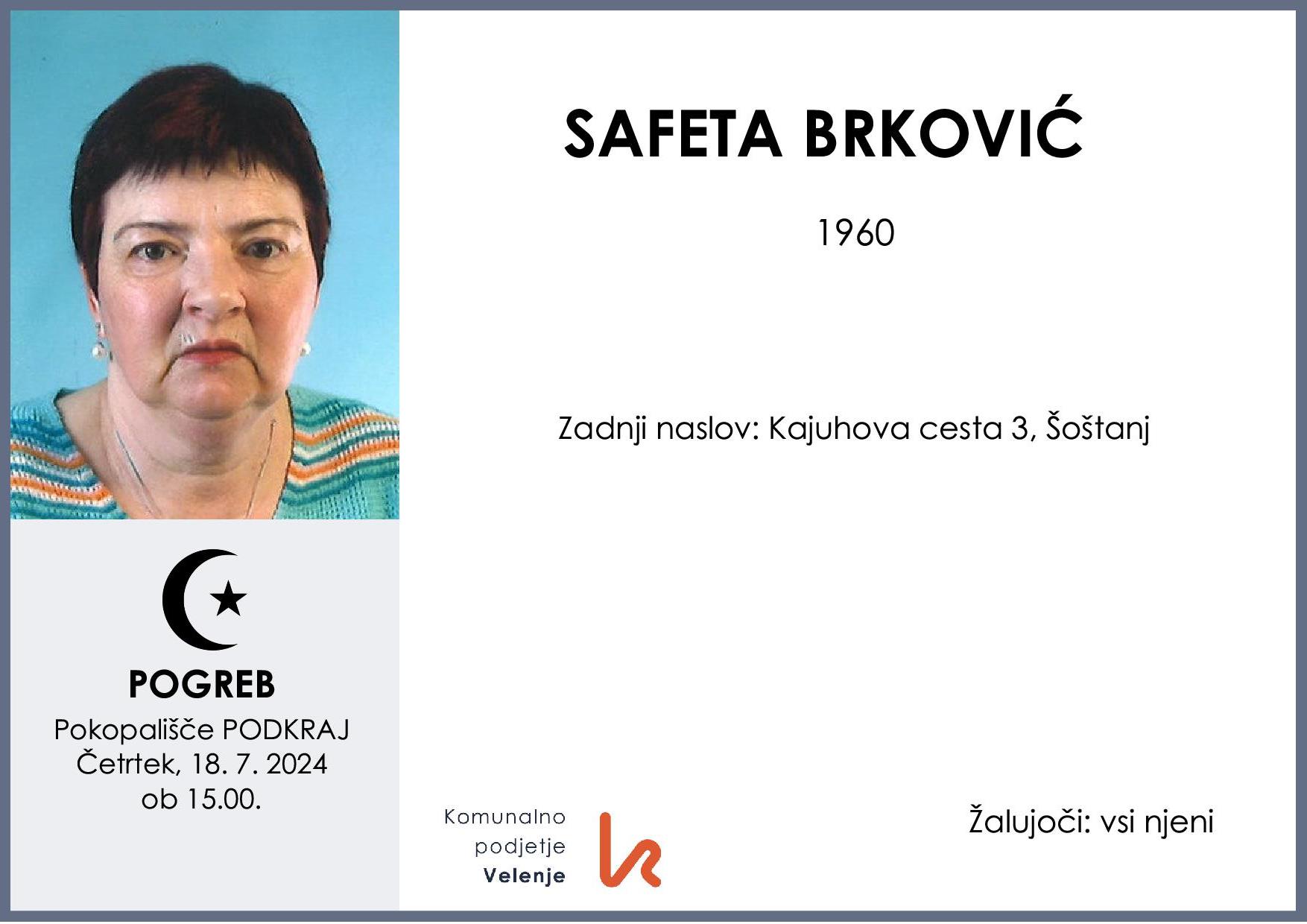 OsmrtnicaBrkovićSafeta1960 pogreb četrtek 18.7.2024 ob 15.00 Podkraj