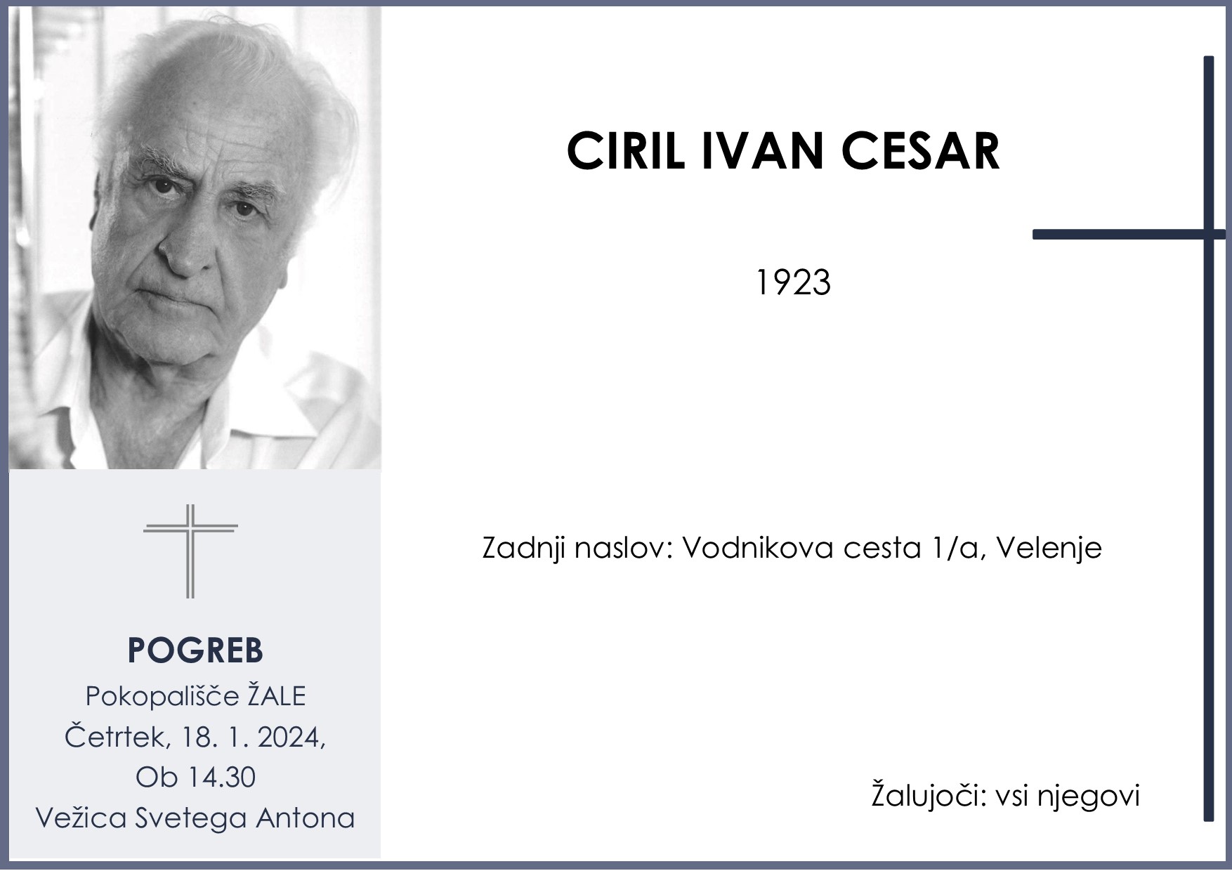OsmrtnicaCesarCirilIvan1923 pogreb četrtek 18.1.2024 ob 14.30 Žale