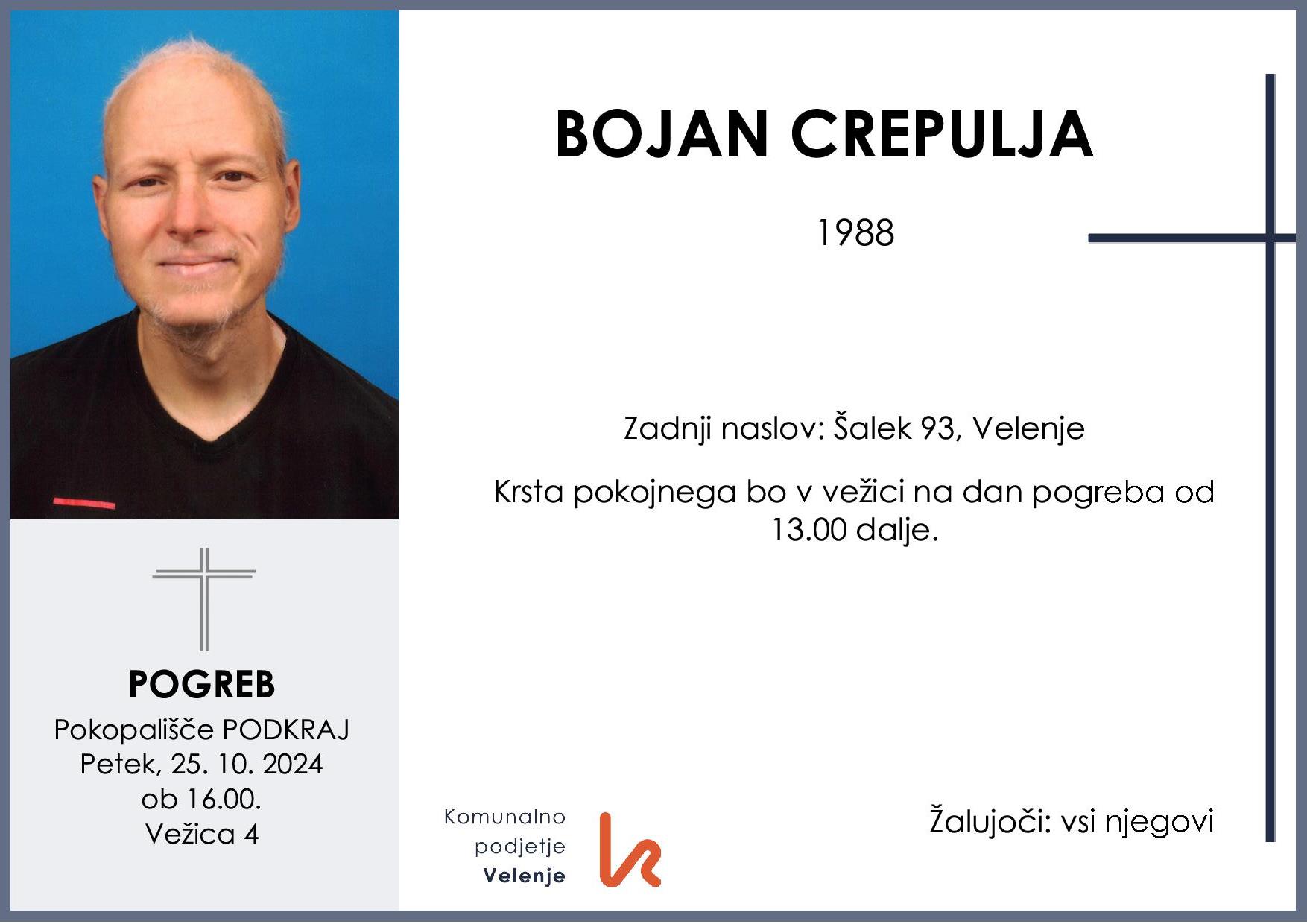 OsmrtnicaCrepuljaBojan1988 pogreb petek 25.10.2024 ob 16.00 Podkraj