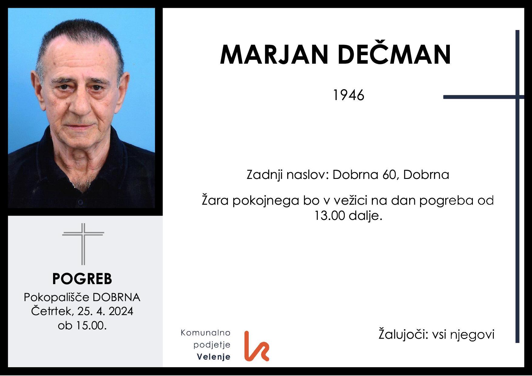 OsmrtnicaDečmanMarjan1946pogreb četrtek 25.4.2024 ob 15.00 Dobrna