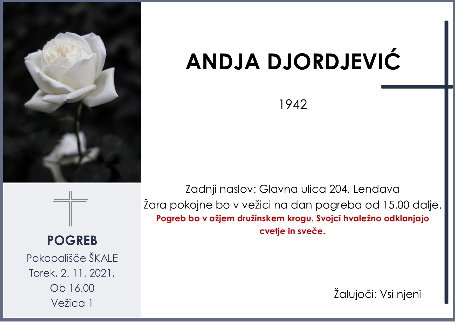 OsmrtnicaDjordjevićAndja1942pogreb torek 2.11.2021 ob 16.00 Škale