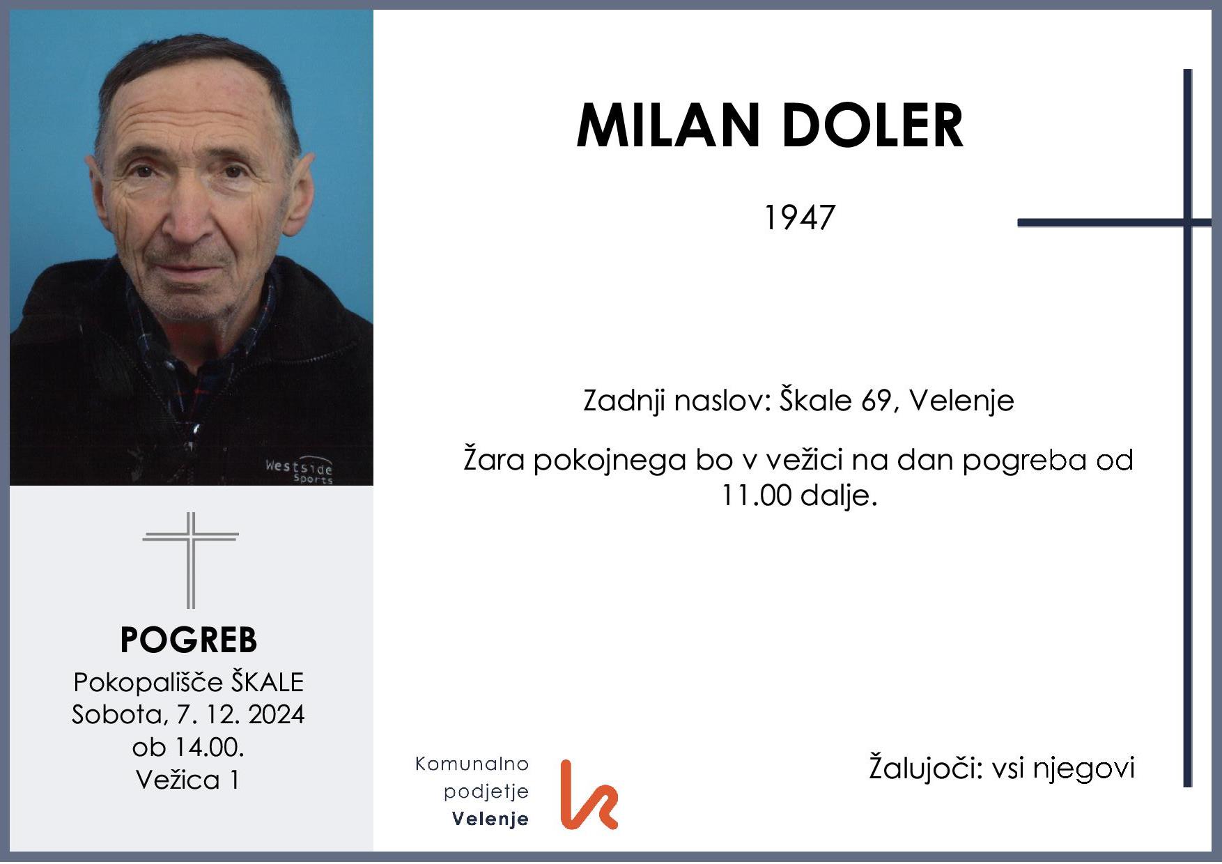 OsmrtnicaDolerMilan1947 pogreb sobota 7.12.2024 ob 14.00 Škale