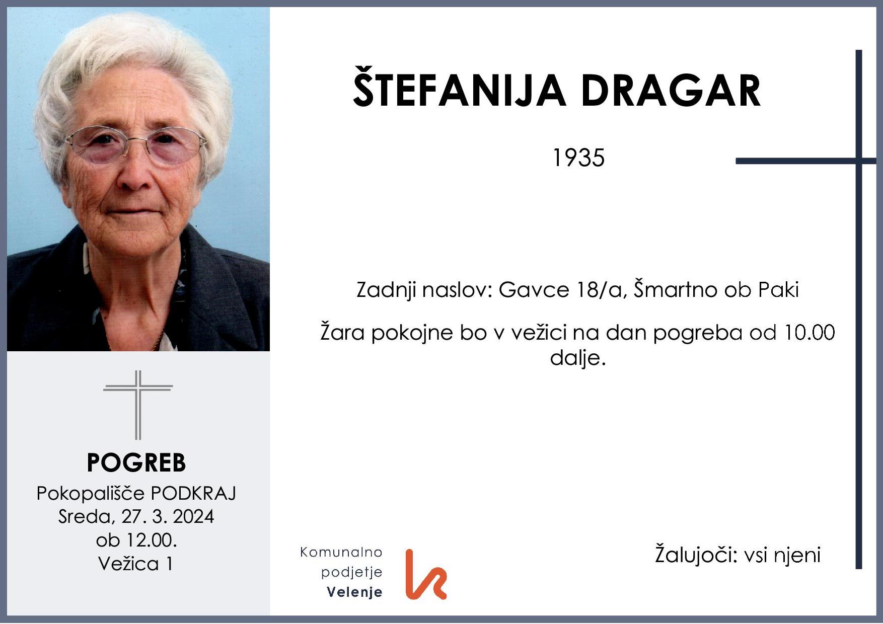 OsmrtnicaDragarŠtefanija1935 pogreb sreda 27.3.2024 ob 12.00 Podkraj