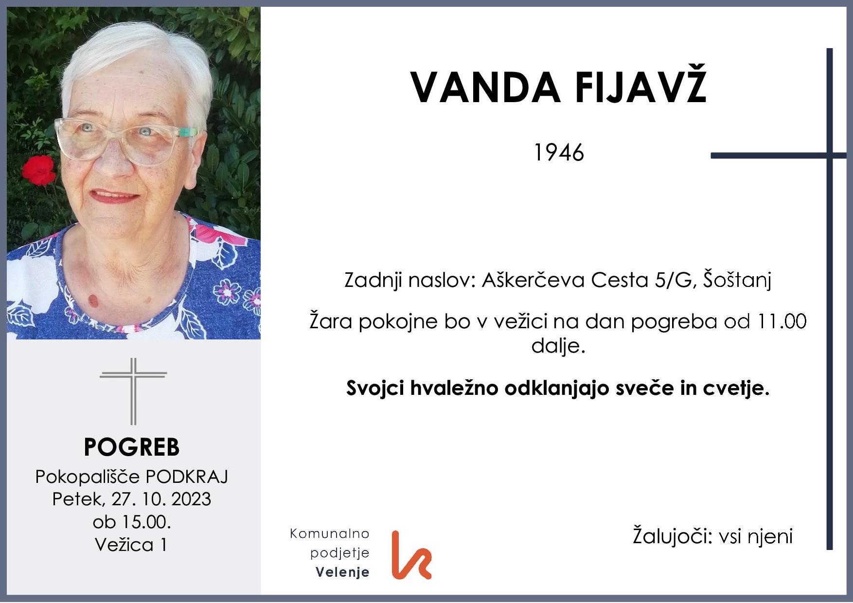 OsmrtnicaFijavžVanda1946 pogreb petek 27.10.2023 ob 15.00 Podkraj