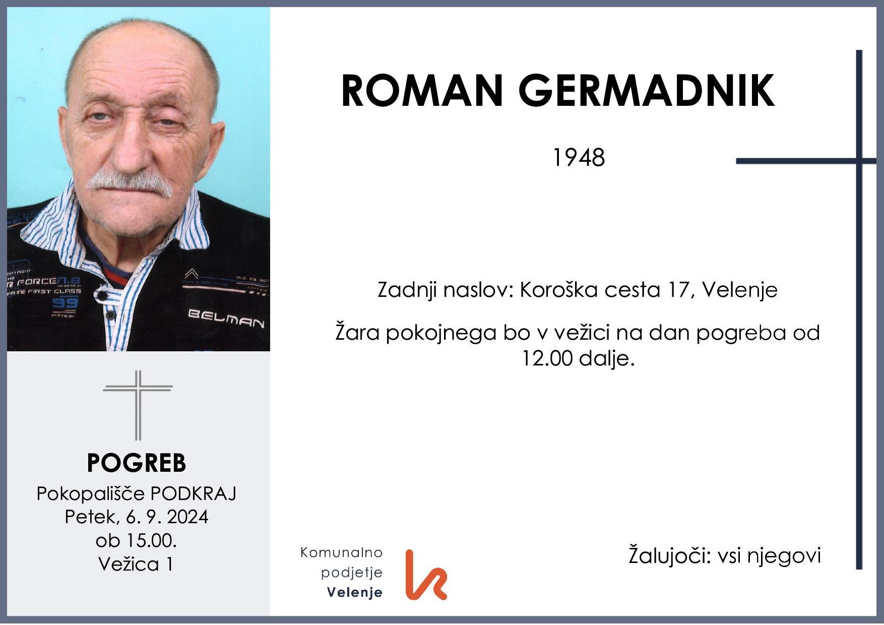 OsmrtnicaGermadnikRoman1948pogreb petek 6.9.2024 ob 15.00 Podkraj