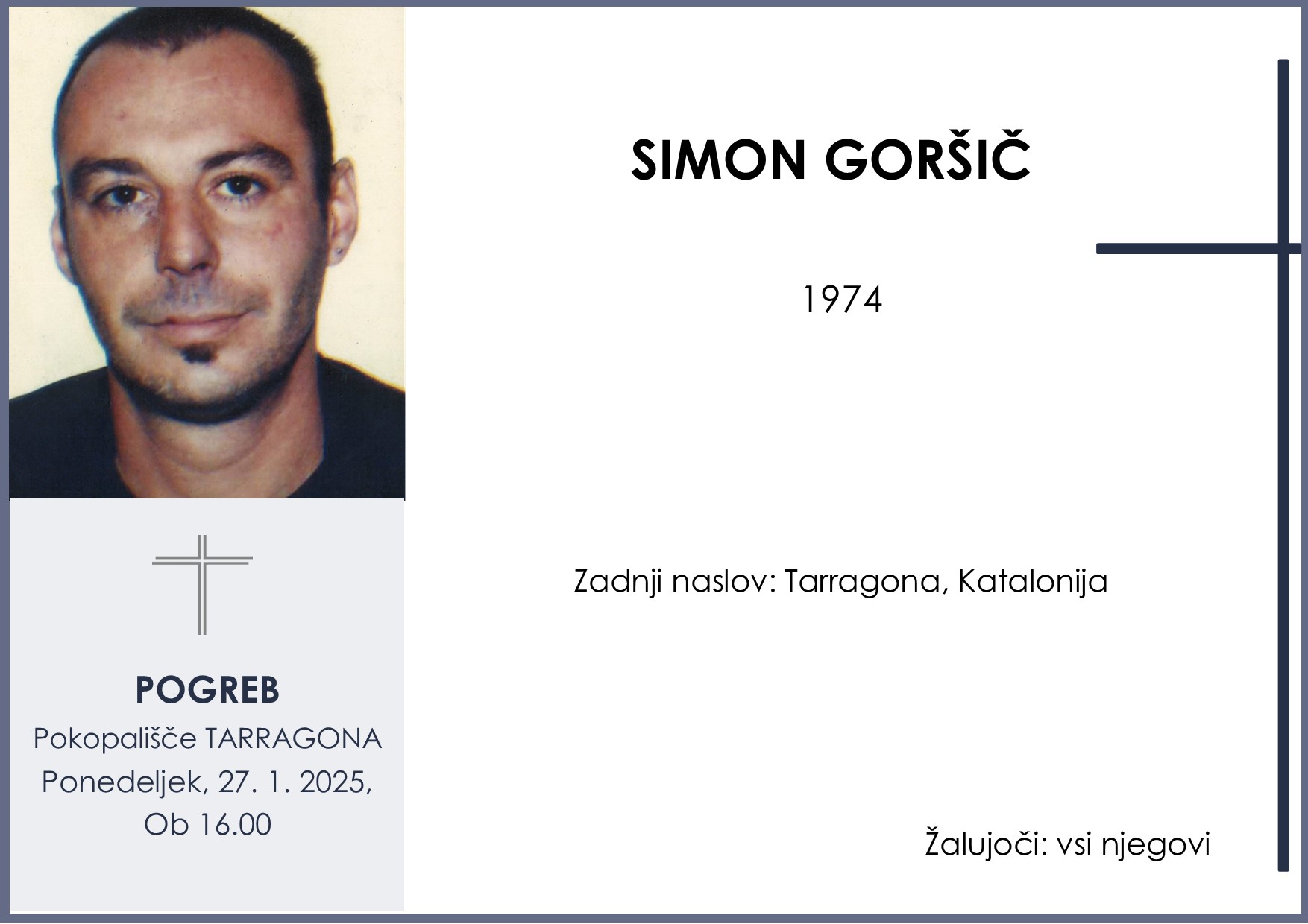 OsmrtnicaGorišekSimon1974pogreb ponedeljek 27.1.2025 ob 16.00 Tarragona