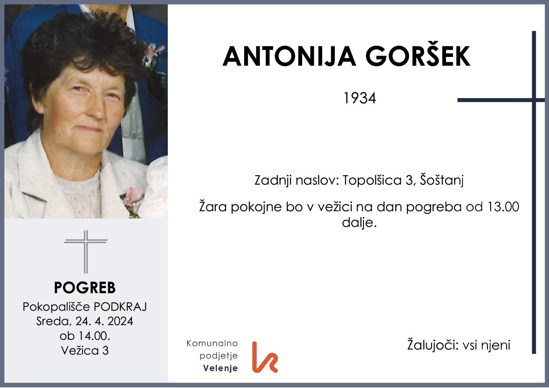 OsmrtnicaGoršekAntonija1934pogreb sreda 24.4.2024 ob 14.00 Podkraj