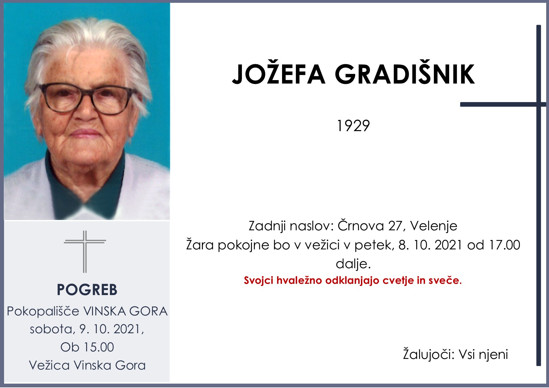 OsmrtnicaGradišnikJožefa1929pogreb sobota 9.10.2021 Vinska Gora