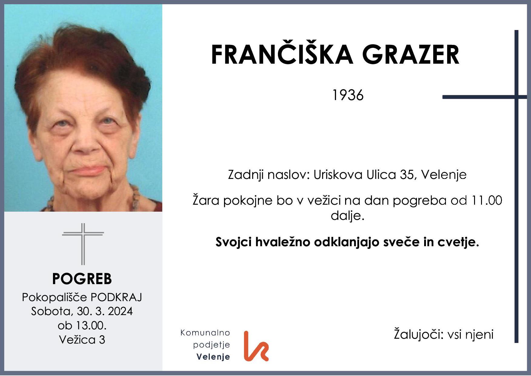 OsmrtnicaGrazerFrančiška1936 pogreb sobota 30.3.2024 ob 13.00 Podkraj