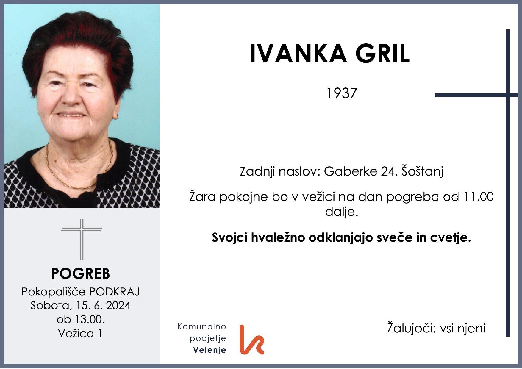 OsmrtnicaGrilIvanka1937 pogreb sobota 15.6.2024 ob 13.00 Podkraj