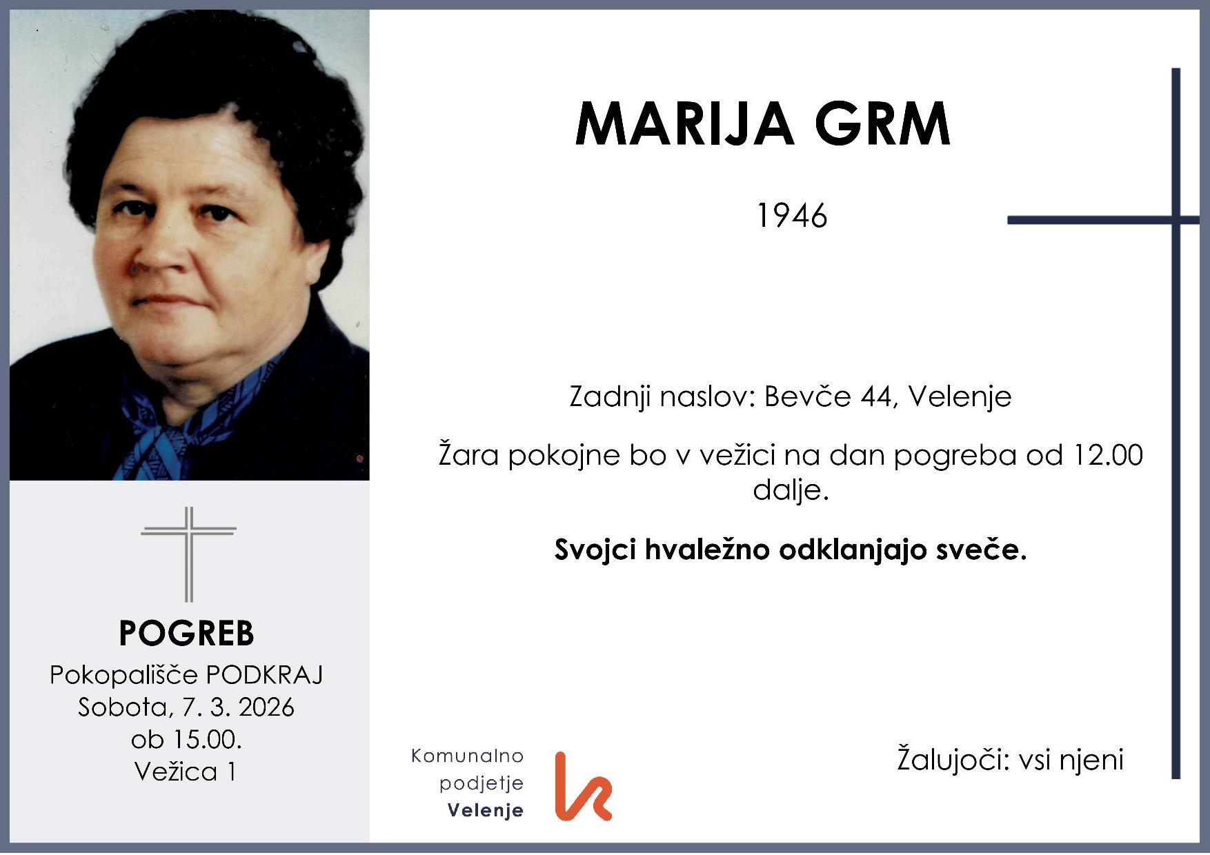 OsmrtnicaGrmMarija1946 pogreb sobota 7.3.2026 ob 15.00 Podkraj