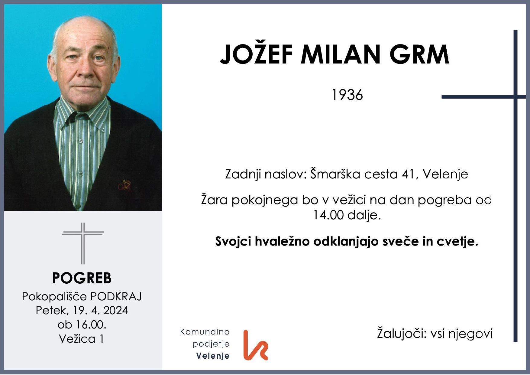 OsmrtnicaGrmMilan1936 pogreb petek 19.4.2024 ob 16.00 Podkraj