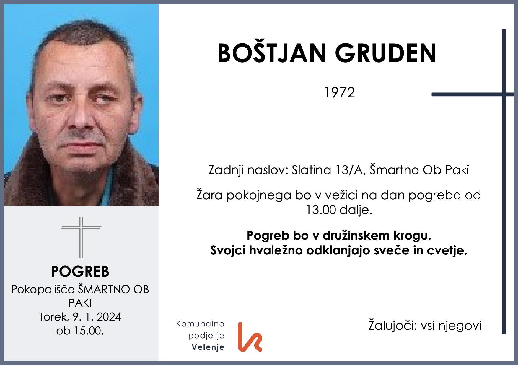 OsmrtnicaGrudenBoštjan1972 pogreb torek 9.1.2024 ob 15.00 Šmartno ob Paki