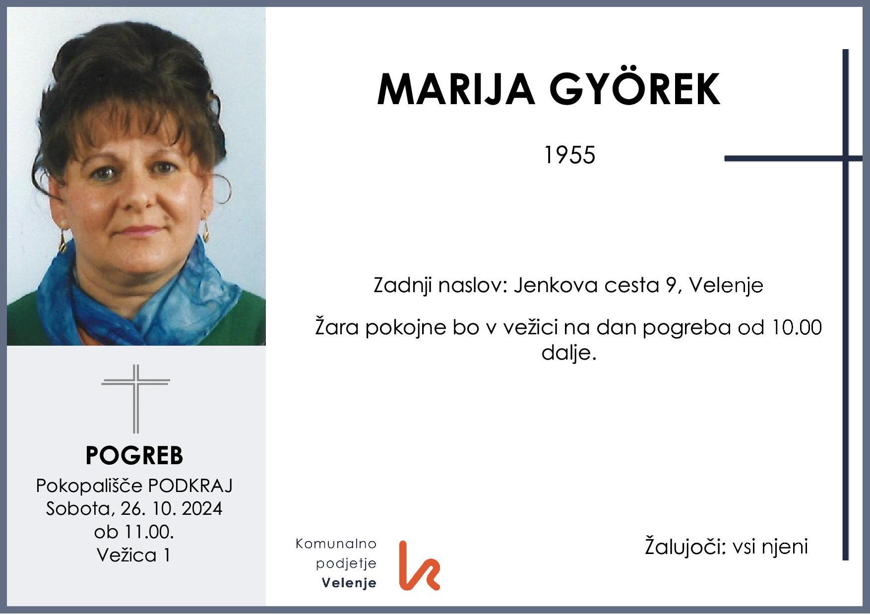 OsmrtnicaGyörekMarija1955 pogreb sobota 26.10.2024 ob 11.00 Podkraj