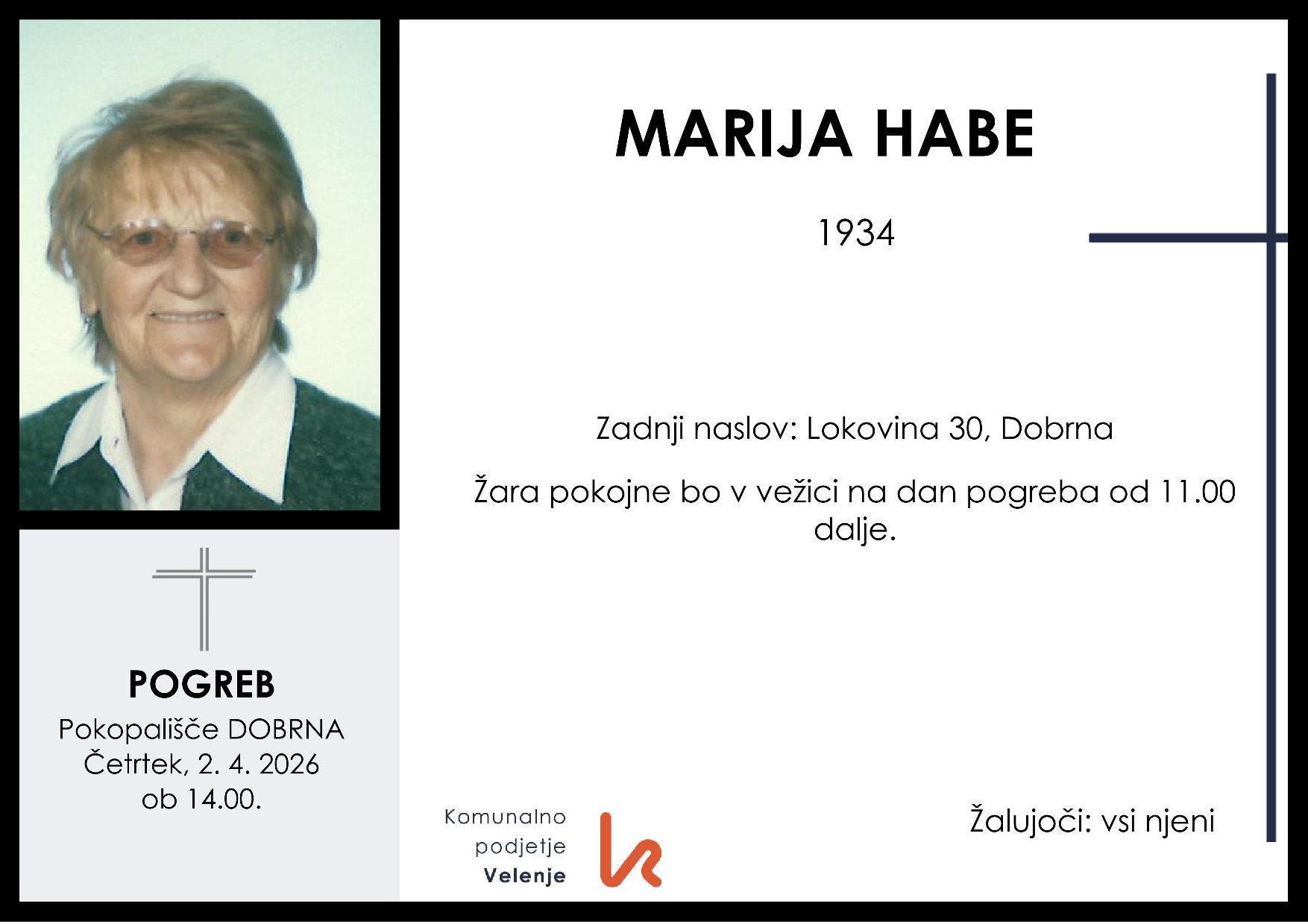 OsmrtnicaHabeMarija1934pogreb četrtek, 2.4.2026 ob 14.00 Dobrna