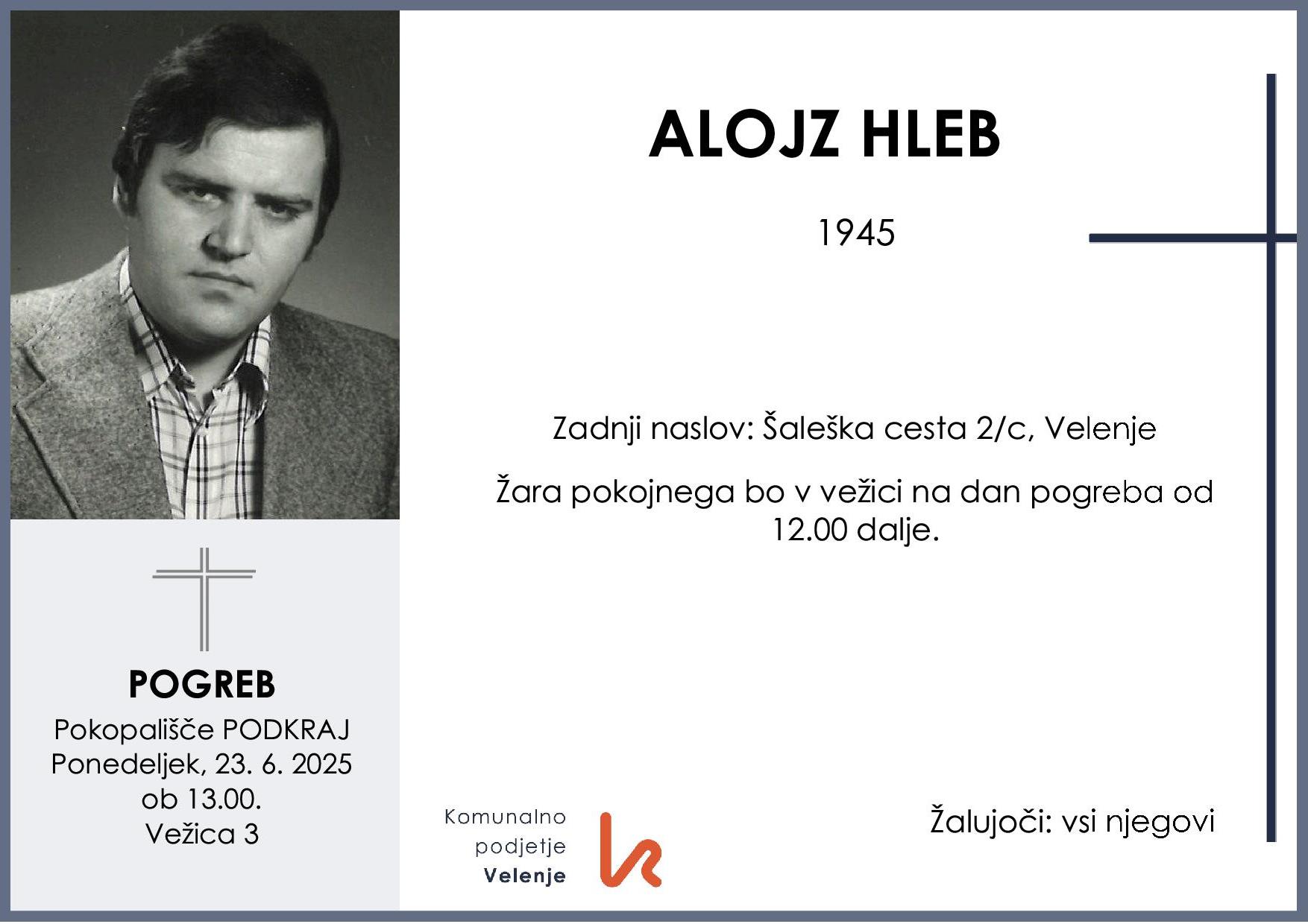 OsmrtnicaHlebAlojz1945pogreb ponedeljek 23.6.2025 ob 13.00 Podkraj