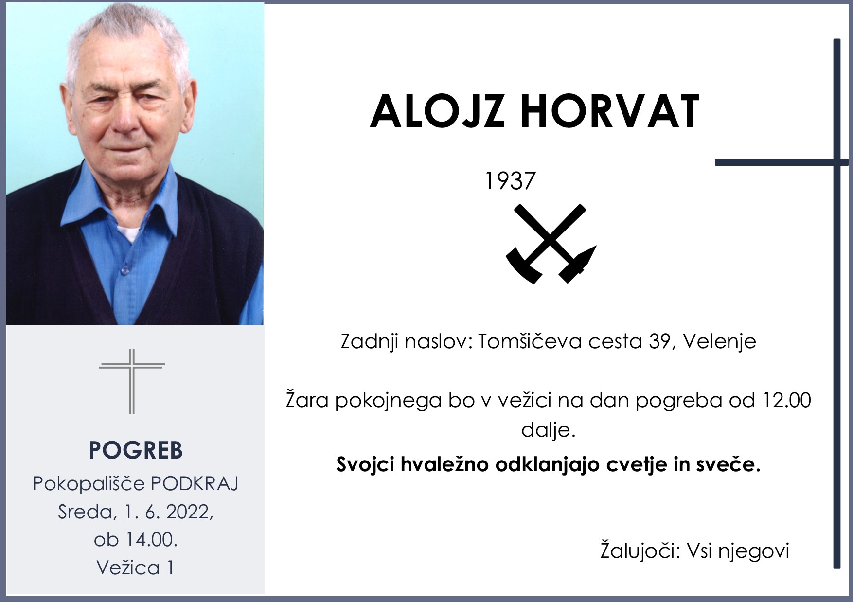 OsmrtnicaHorvatAlojz1937pogreb sreda 1.6.2022 ob 14.00 Podkraj