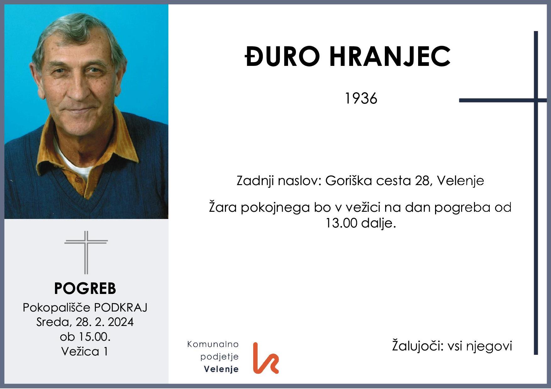 OsmrtnicaHranjecĐuro1936 pogreb sreda 28.2.2024 ob 15.00 Podkraj