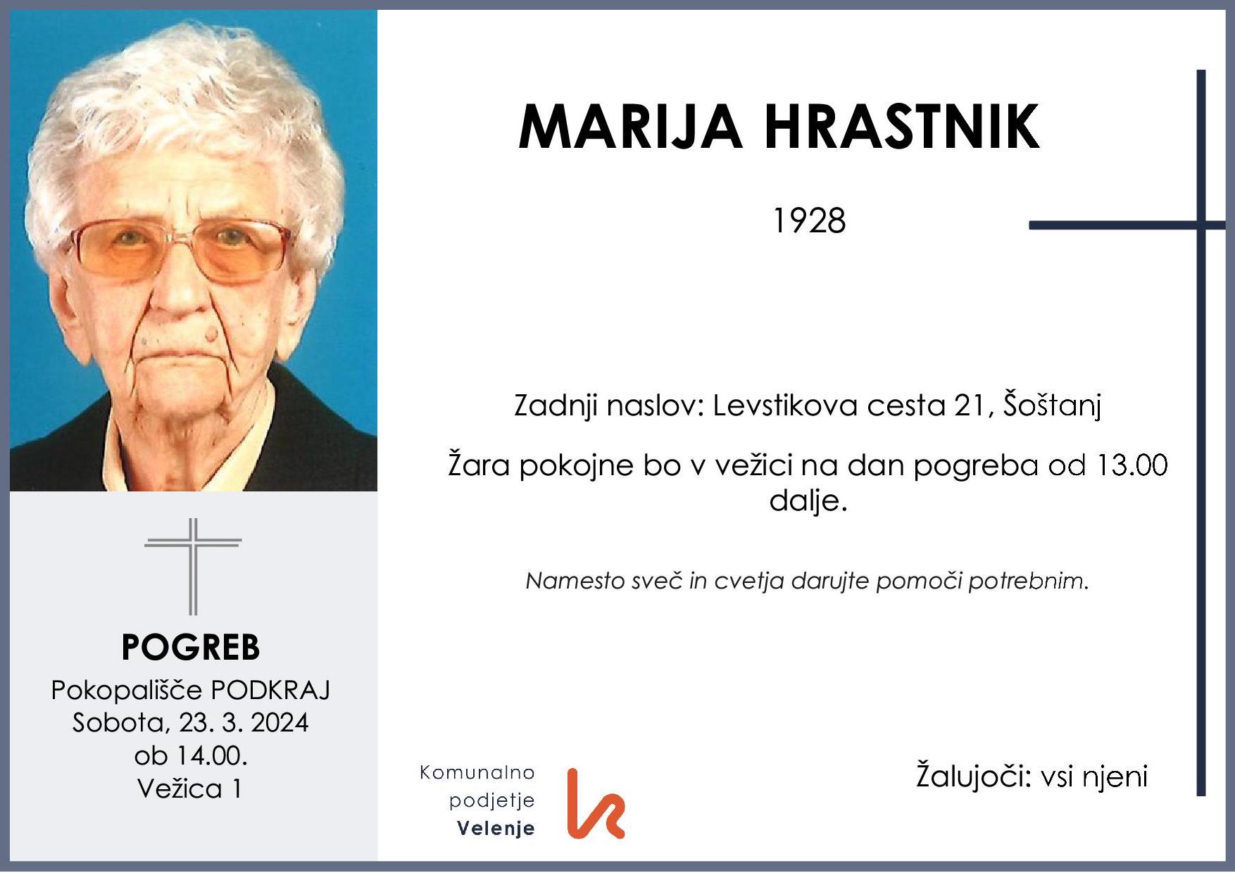 OsmrtnicaHrastnikMarija1928pogreb sobota 23.3.2024 ob 14.00 Podkraj