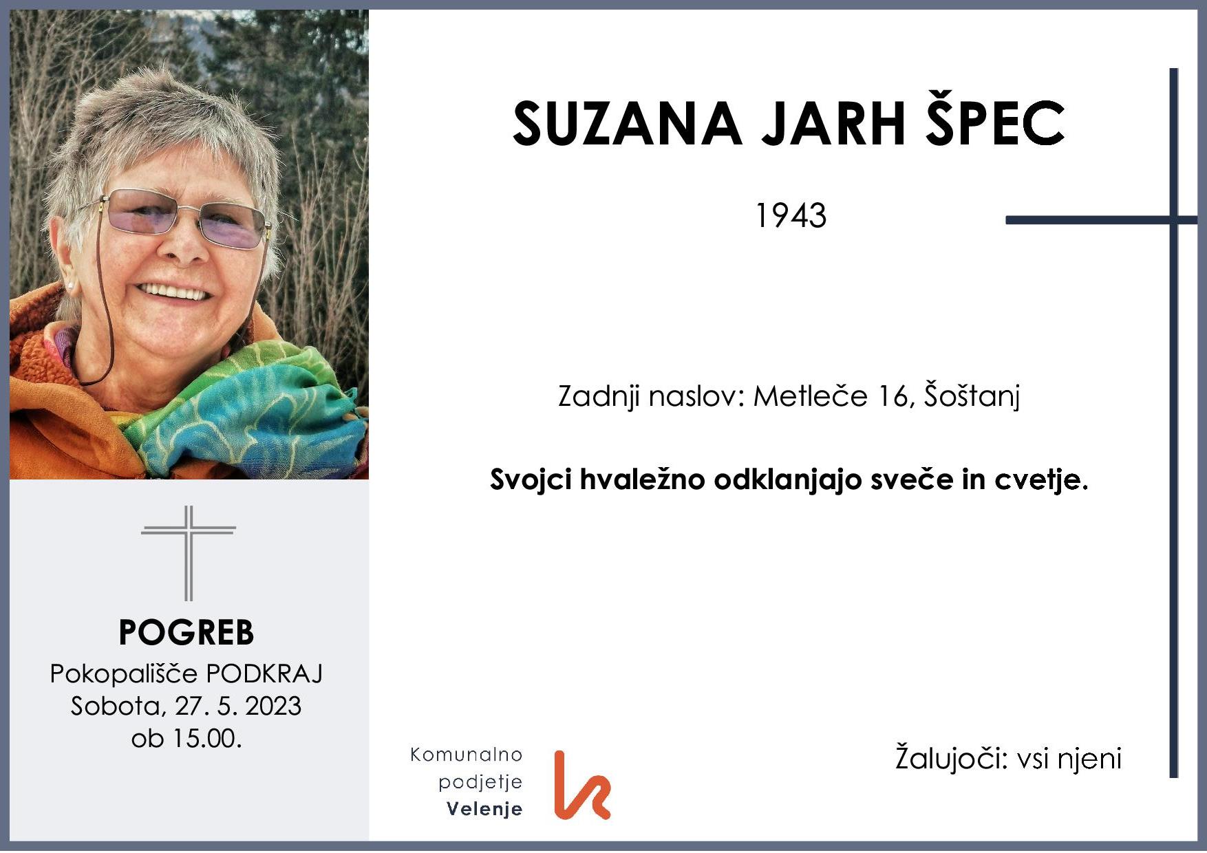 OsmrtnicaJarhŠpecSuzana1943 pogreb sobota 27.5.2023 ob 15.00 Podkraj