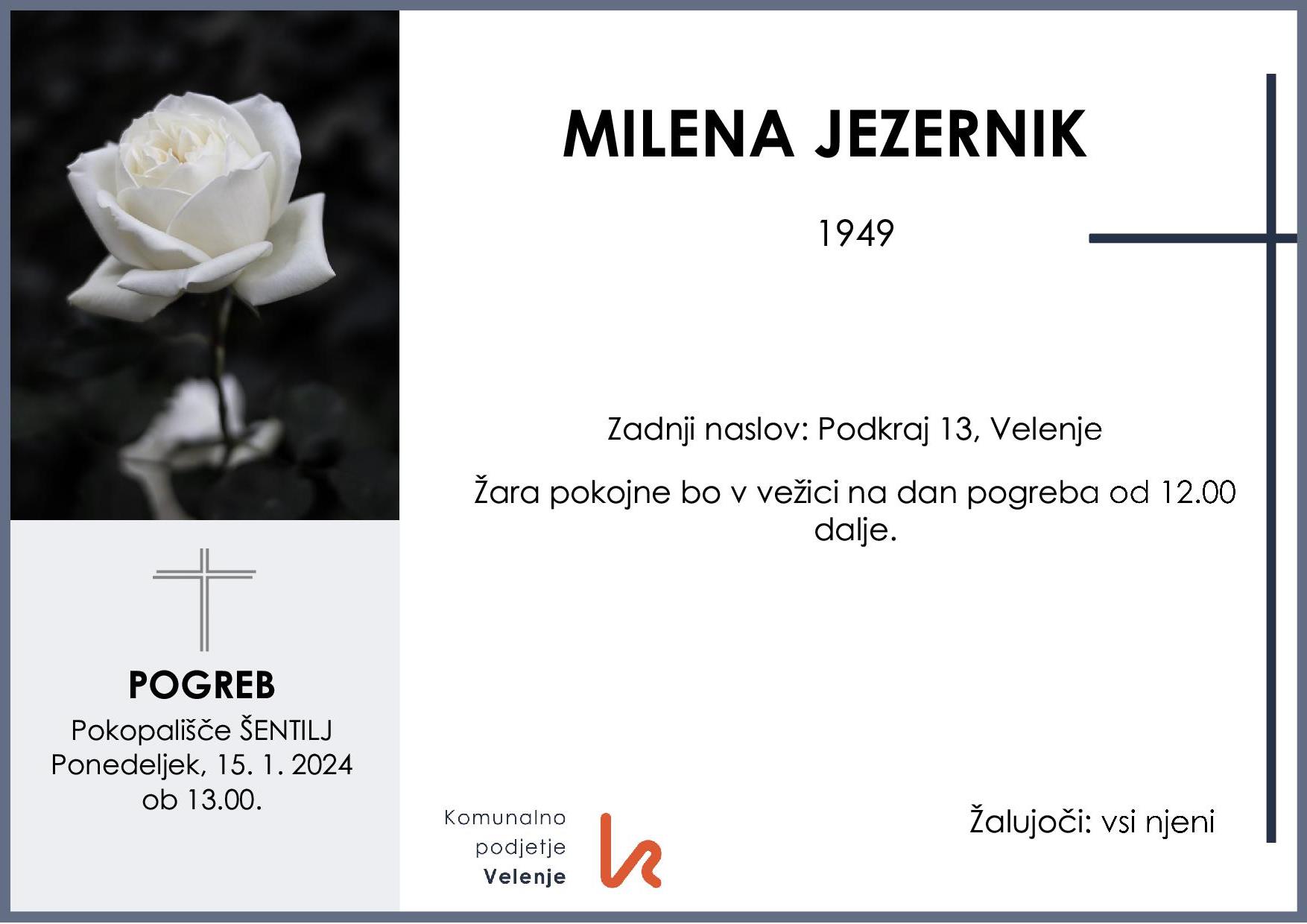 OsmrtnicaJezernikMilena1949pogreb ponedeljek 15.1.2024 ob 13.00 Šentilj