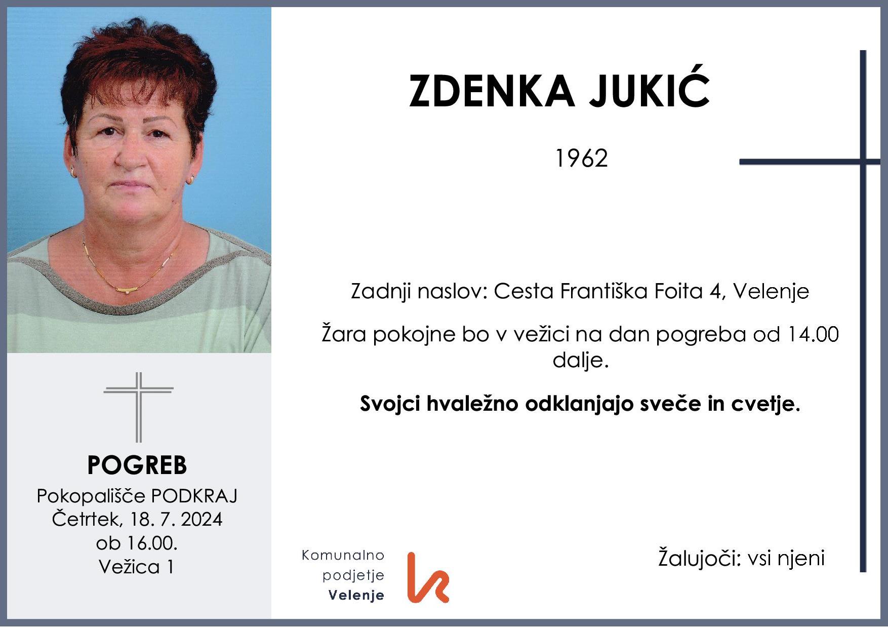 OsmrtnicaJukićZdenka1962 pogreb četrtek 18.7.2024 ob 16.00 Podkraj