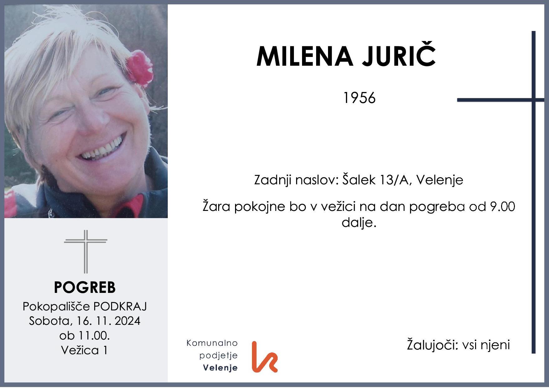 OsmrtnicaJuričMilena1956 pogreb sobota 16.11.2024 ob 11.00 Podkraj