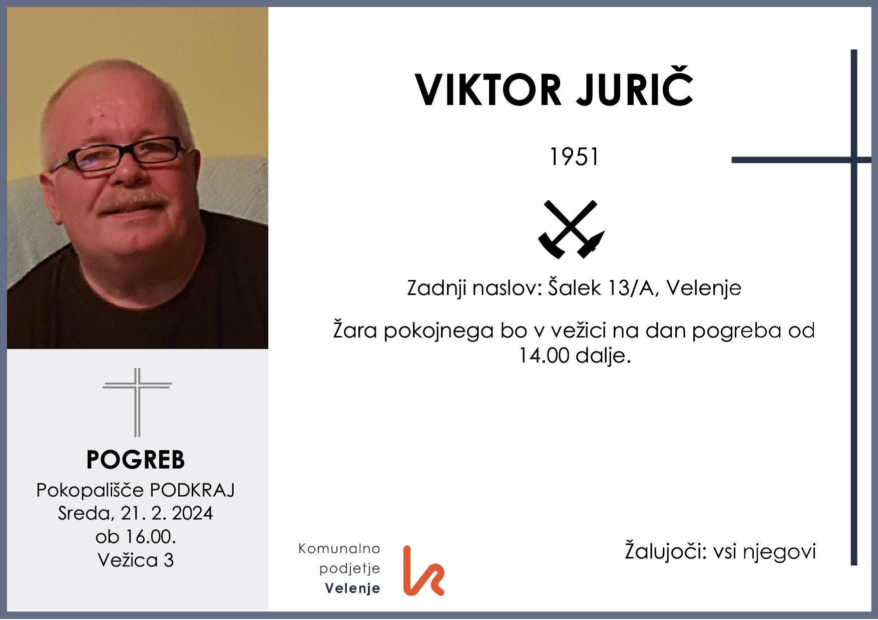 OsmrtnicaJuričViktor1951 pogreb sreda 21.2.2024 ob 16.00 Podkraj
