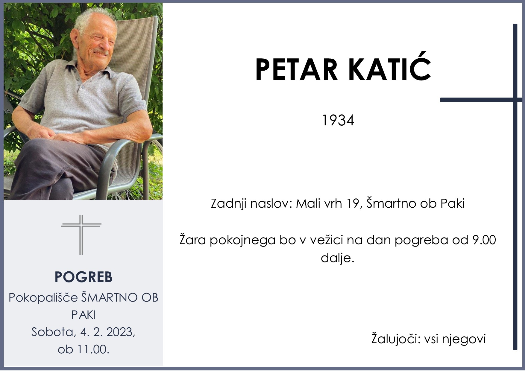 OsmrtnicaKatićPetar1934 pogreb sobota 4.2.2023 ob 11.00 Šmartno ob Paki