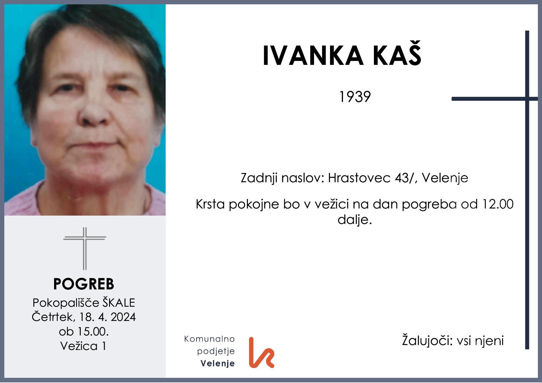 OsmrtnicaKašIvanka1939pogreb četrtek 18.4.2024 ob 15.00 Škale