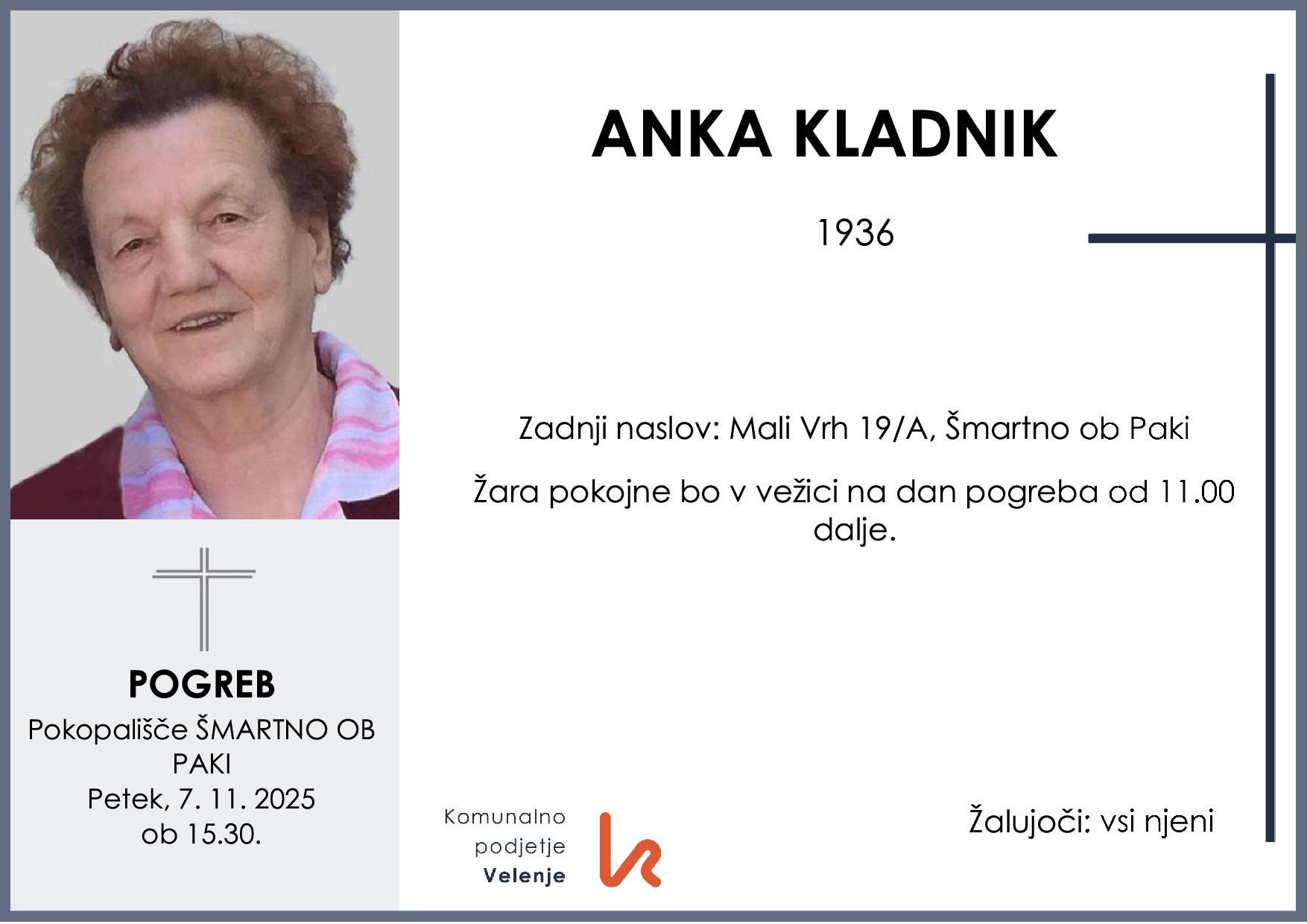 OsmrtnicaKladnikAnka1936 pogreb petek 7.11.2025 ob 15.30 Šmartno ob Paki