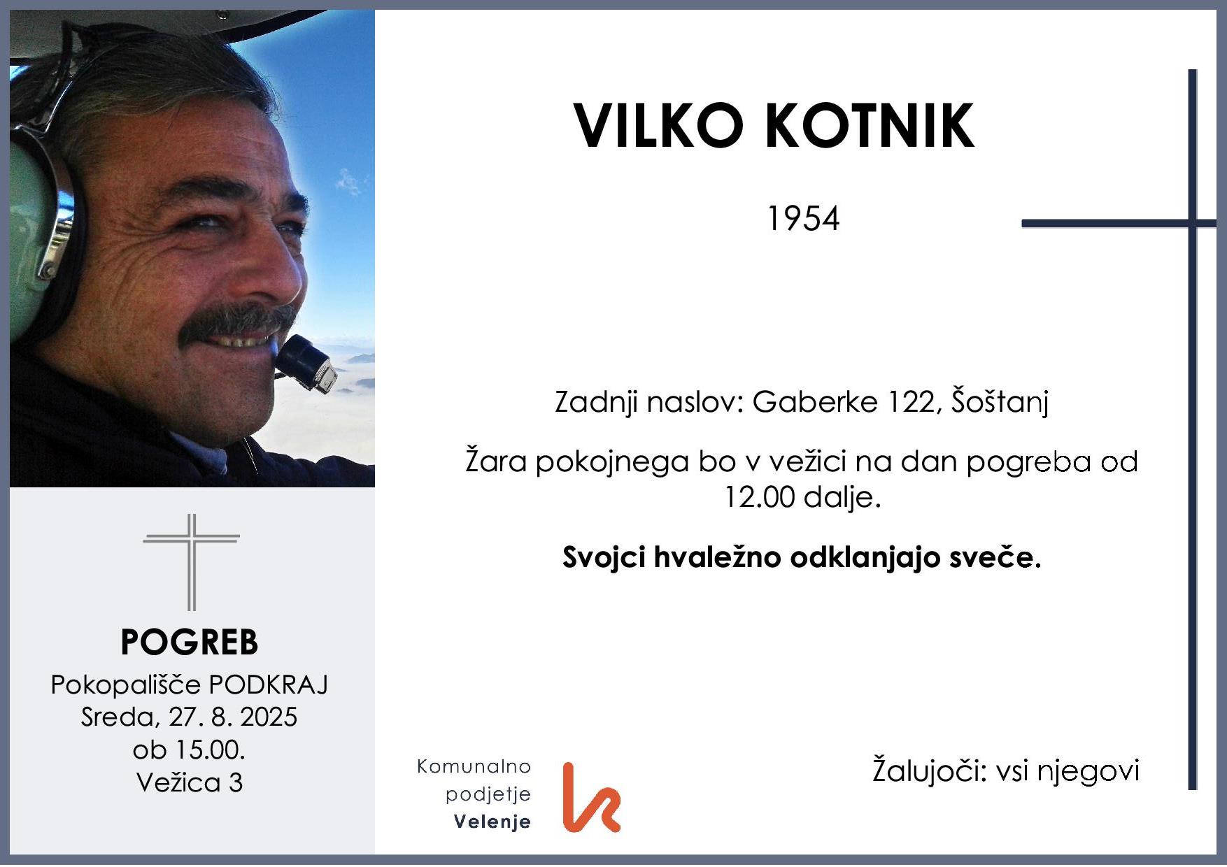 OsmrtnicaKotnikVilko1954pogreb sreda 27.8.2025 ob 15.00 Podkraj