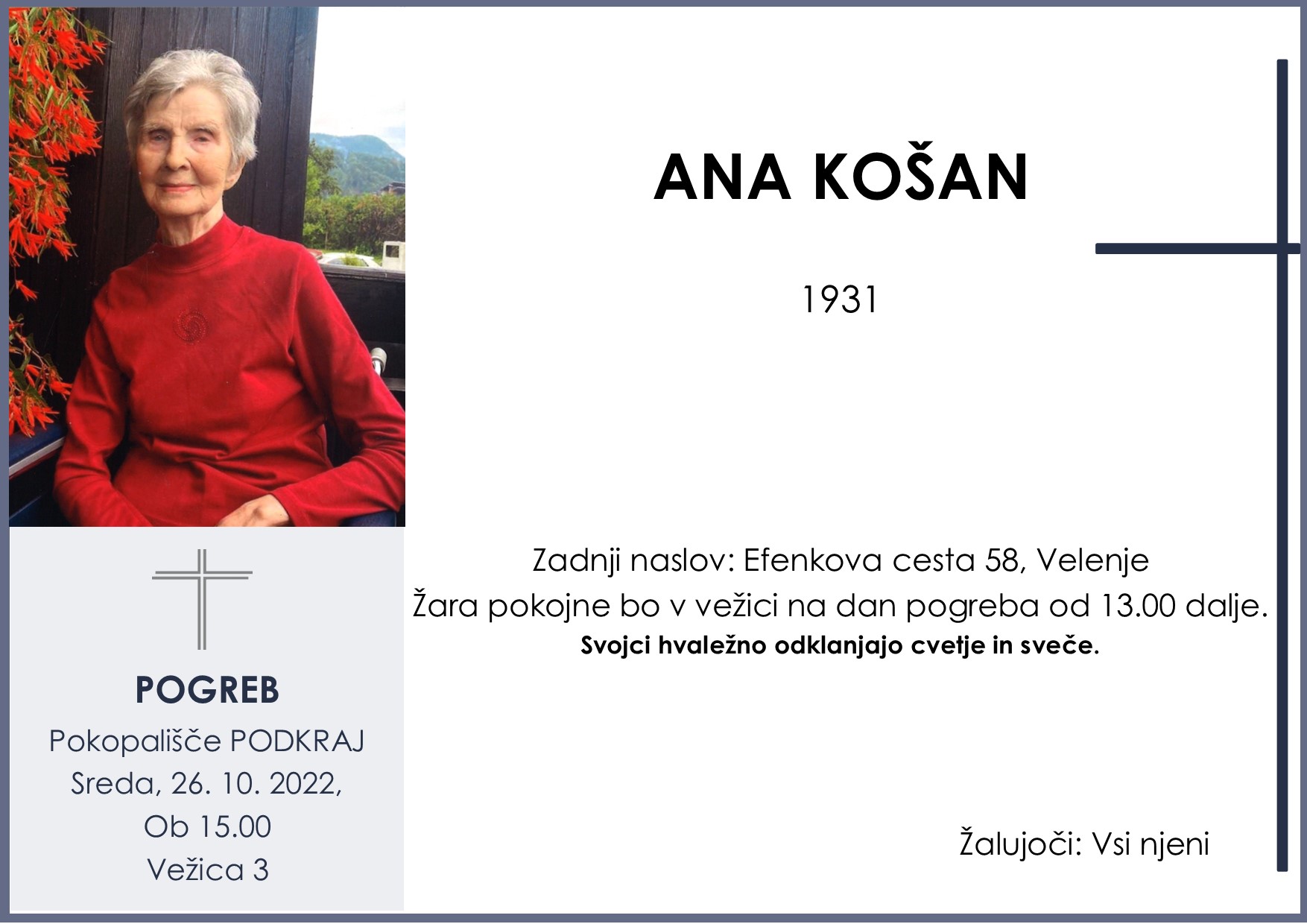 OsmrtnicaKošanAna1931 pogreb sreda 26.10.2022 ob 15.00 Podkraj