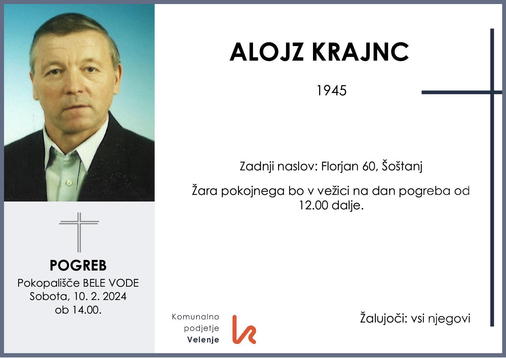 OsmrtnicaKrajncAlojz1945 pogreb sobota 9.2.2024 ob 14.00 Bele Vode