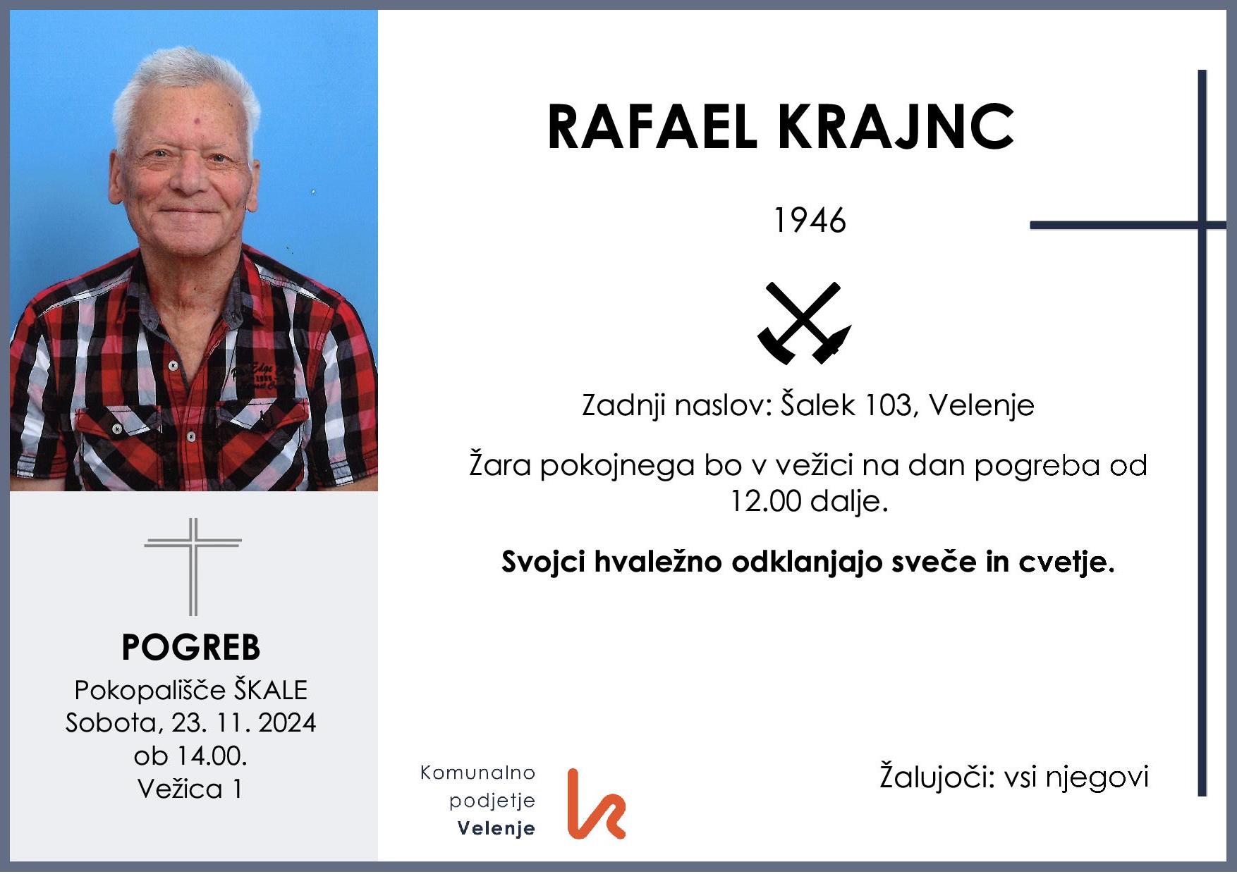 OsmrtnicaKrajncRafael1946pogreb sobota 23.11.2024 ob 14.00 Škale