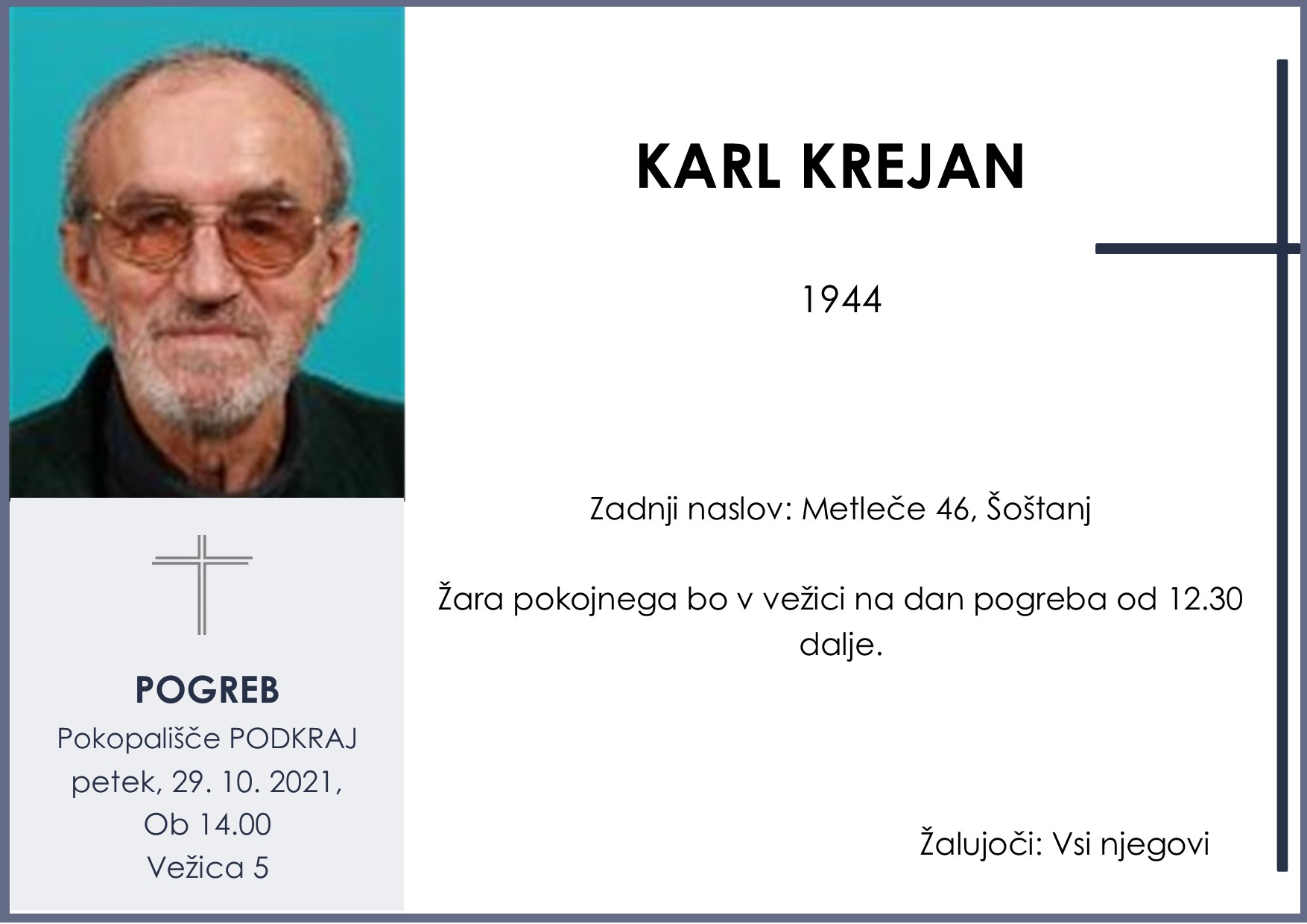 OsmrtnicaKrejanKarl1944pogreb petek29.10.2021ob 14.00 Podkraj
