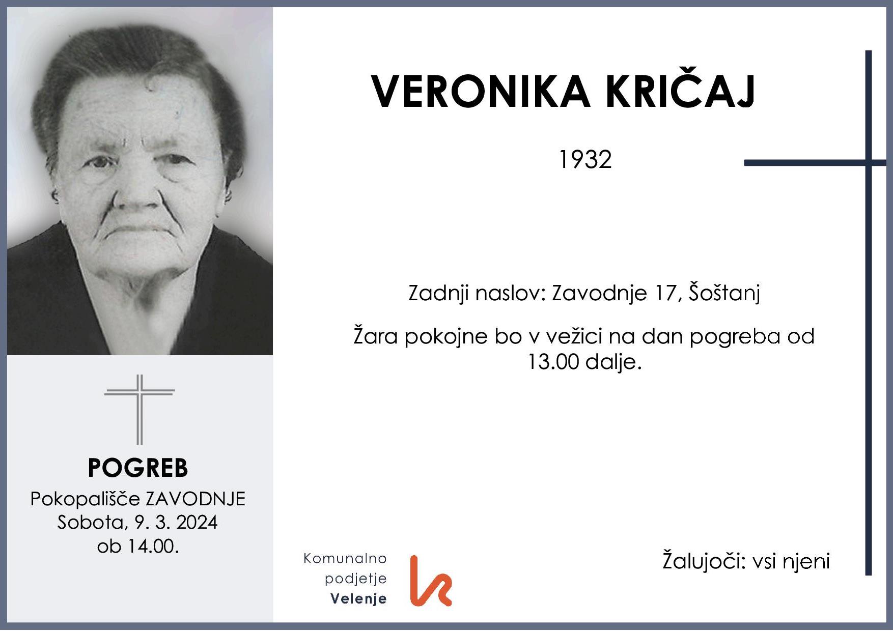 OsmrtnicaKričajVeronika1932 pogreb sobota 9.3.2024 ob 14.00 Zavodnje