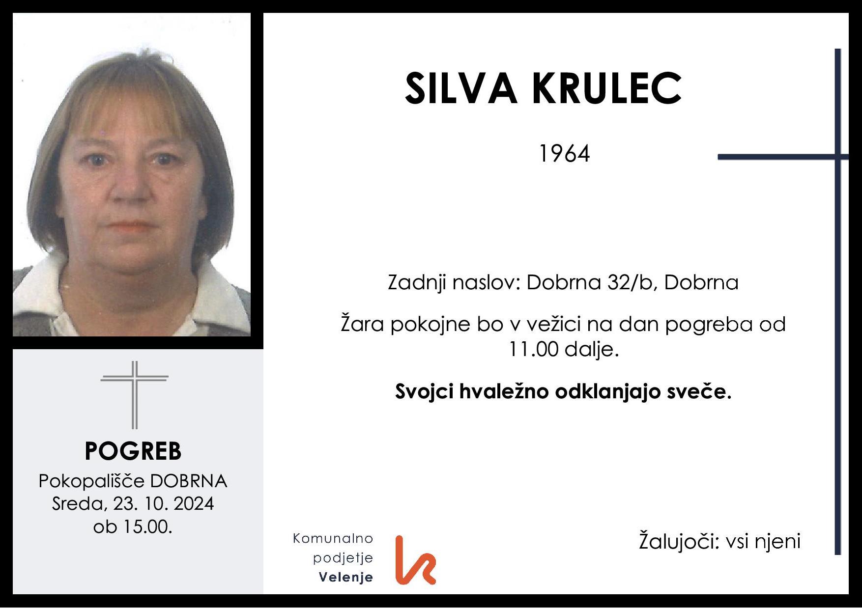 OsmrtnicaKrulecSilva1964pogreb sreda 23.10.2024 ob 15.00 Dobrna