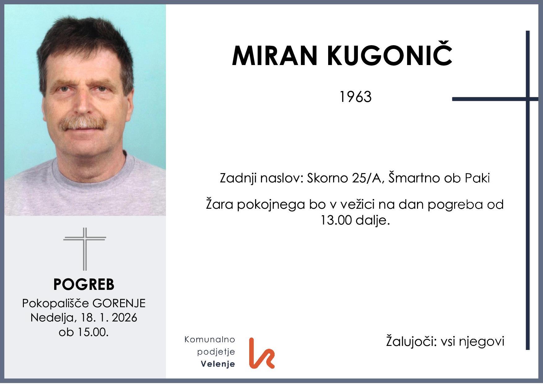 OsmrtnicaKugoničMiran1963 pogreb nedelja 18.1.2026 ob 15.00 Gorenje