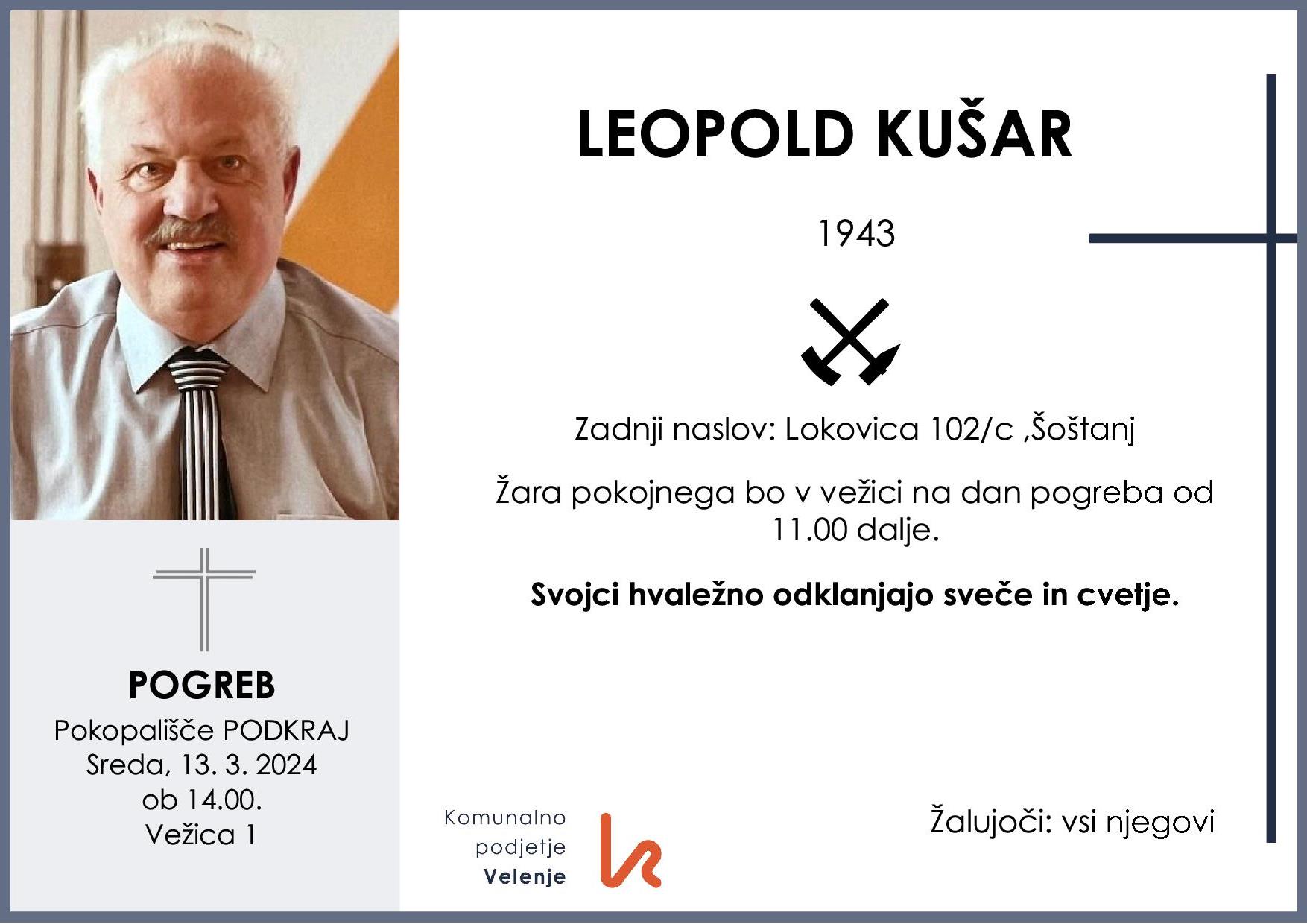OsmrtnicaKušarLeopold1943 pogreb sreda 13.3.2024 ob 14.00 Podkraj