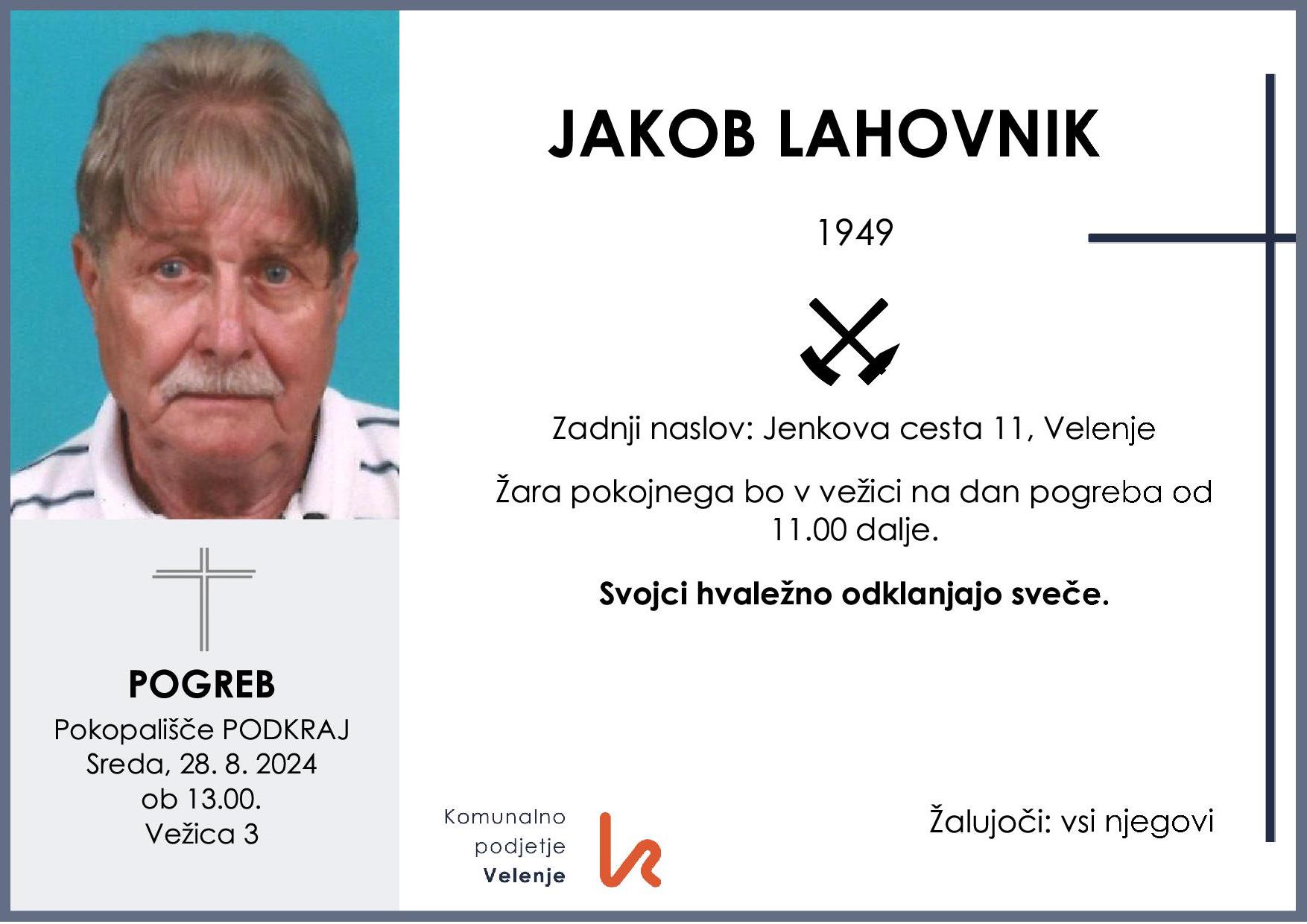 OsmrtnicaLahovnikJakob1949 pogreb sreda 28.8.2024 ob 13.00 Podkraj