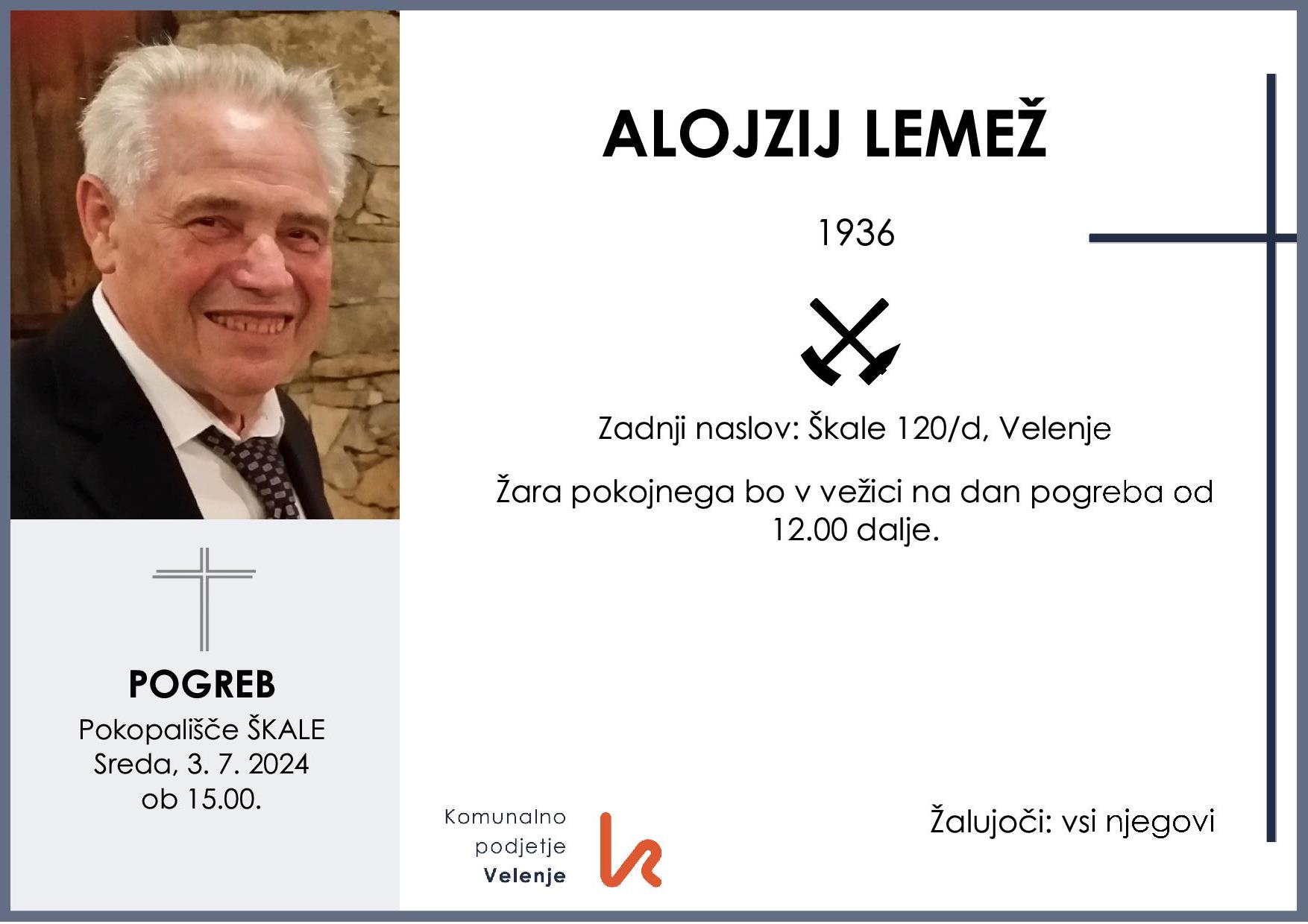 OsmrtnicaLemežAlojzij1936pogreb sreda 3.7.2024 ob 15.00 Škale